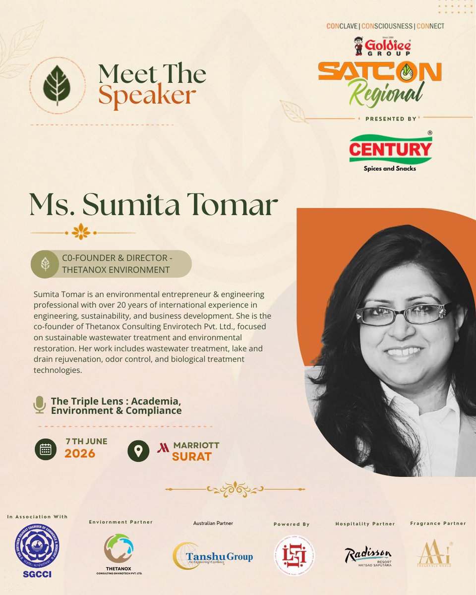 Sattvikcert's tweet photo. Welcoming Ms. Sumita Tomar, Co-Founder &amp; Director of Thetanox Environment, as a speaker at SATCON Regional 2026.

With 20+ years of expertise in sustainability &amp; environmental engineering, she brings valuable insights on academia, environment &amp; compliance.

#SATCONRegional2026 https://t.co/A0OCyh39RF