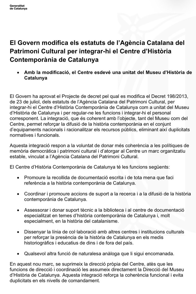 AgustiColomines's tweet photo. Així deixa el @govern el Centre d’Història Contemporània de Catalunya (CHCC): convertit en una simple unitat administrativa del Museu d’Història i sense direcció pròpia. El decret no diu res del pressupost —que continuem sense conèixer. Un desmantellament polític i institucional que contrasta amb la diligència del Govern per signar acords amb @Huawei i la dictadura xinesa.

@JuntsParlament presentarà una esmena als pressupostos per reclamar una dotació de 250.000 € i una altra a la llei d’acompanyament per restituir la figura del director/a del Centre. Si no hi posem remei, la piconadora de la coalició governamental (@socialistes_cat, @Esquerra_ERC i @SomComuns —probablement amb l’afegitó del @PPCatalunya i @VOX_Cataluna— ho tombarà. Però almenys quedarà clar qui defensa les institucions nacionals i qui les buida de contingut.