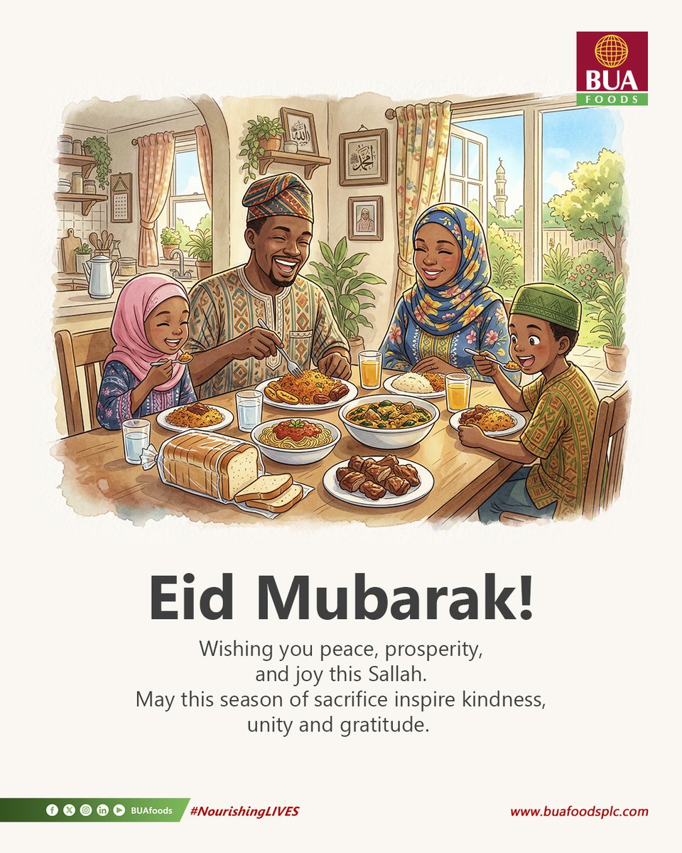 BuaFoods's tweet photo. As we celebrate Sallah, we reflect on the enduring values of sacrifice, compassion, gratitude, and unity, principles that strengthen our communities and inspire meaningful connections.

At BUA Foods, we are grateful for the trust and support of our employees, customers, partners, and stakeholders. As we mark this special occasion, we extend our warmest wishes to you and your loved ones.

May this season bring peace, happiness, prosperity, and abundant blessings to your homes and communities.

Eid Mubarak.

#BUAFoods #EidAlAdha #Sallah #EidMubarak #CorporateValues #NourishingLives