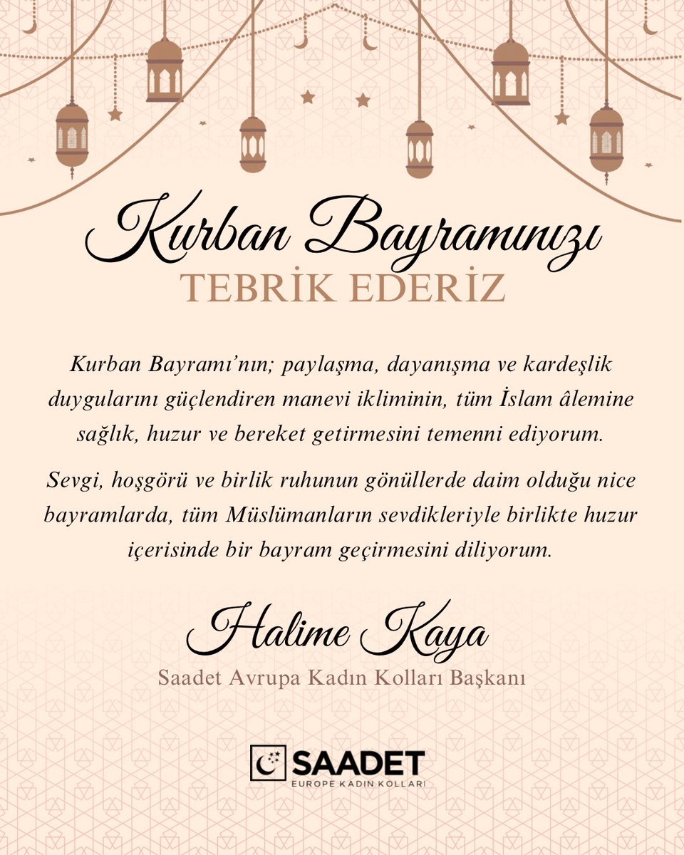 halimekayasp1's tweet photo. Kurban Bayramı’nın; paylaşma, dayanışma ve kardeşlik duygularını güçlendiren manevi ikliminin, tüm İslam âlemine sağlık, huzur ve bereket getirmesini temenni ediyorum.

Tüm Müslümanların sevdikleriyle birlikte huzur içerisinde bir bayram geçirmesini diliyorum.
#KurbanBayramı https://t.co/kG5af8YftS