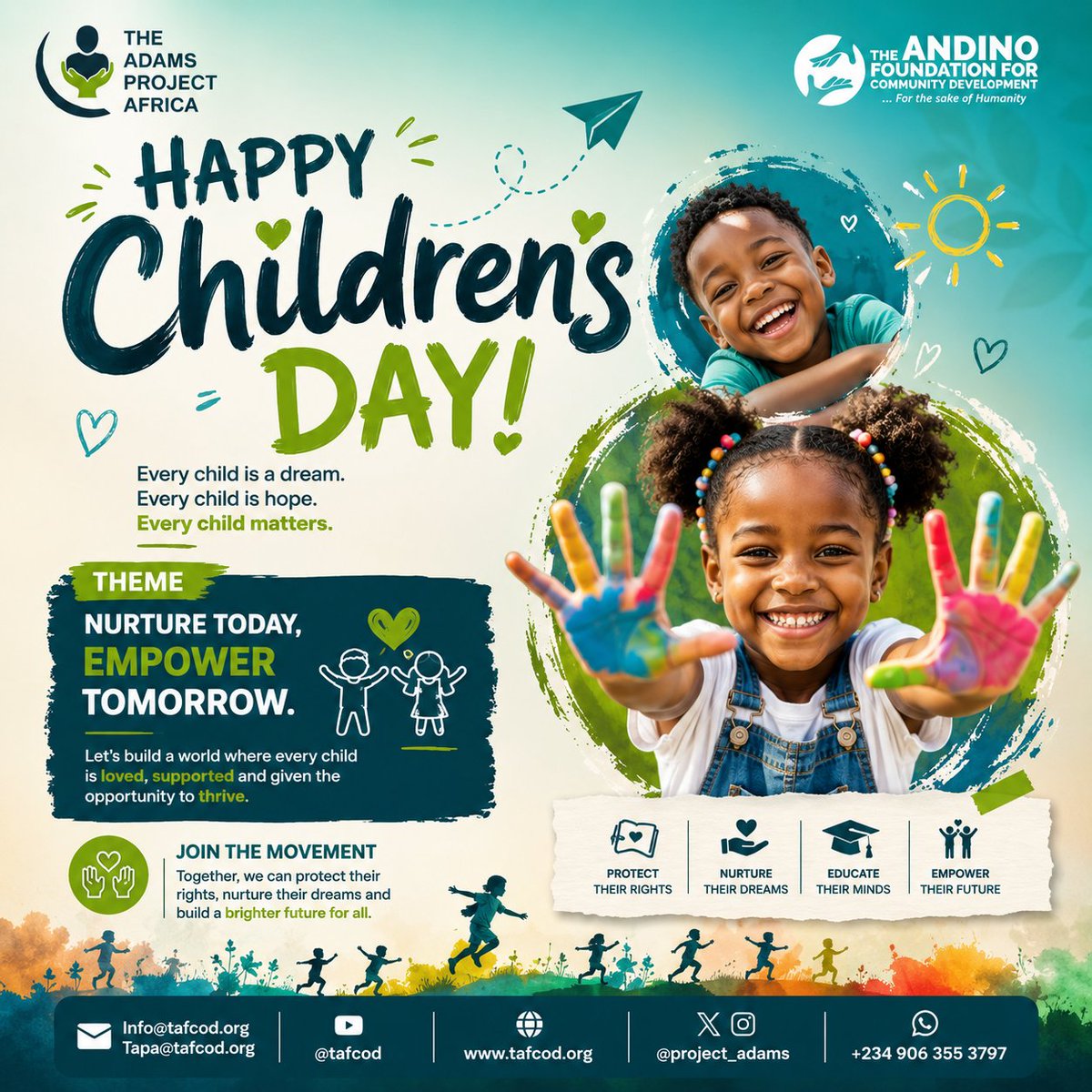 project_adams's tweet photo. This Children’s Day, we reaffirm our commitment to creating safer, brighter, and more empowering spaces for every child to thrive.

Children are not just our future they are our present responsibility.

Happy Chilren’s Day! 🌈

#Tafcod
#TheAdamsProject
#Childrensday2026 https://t.co/OfHONqVl0v