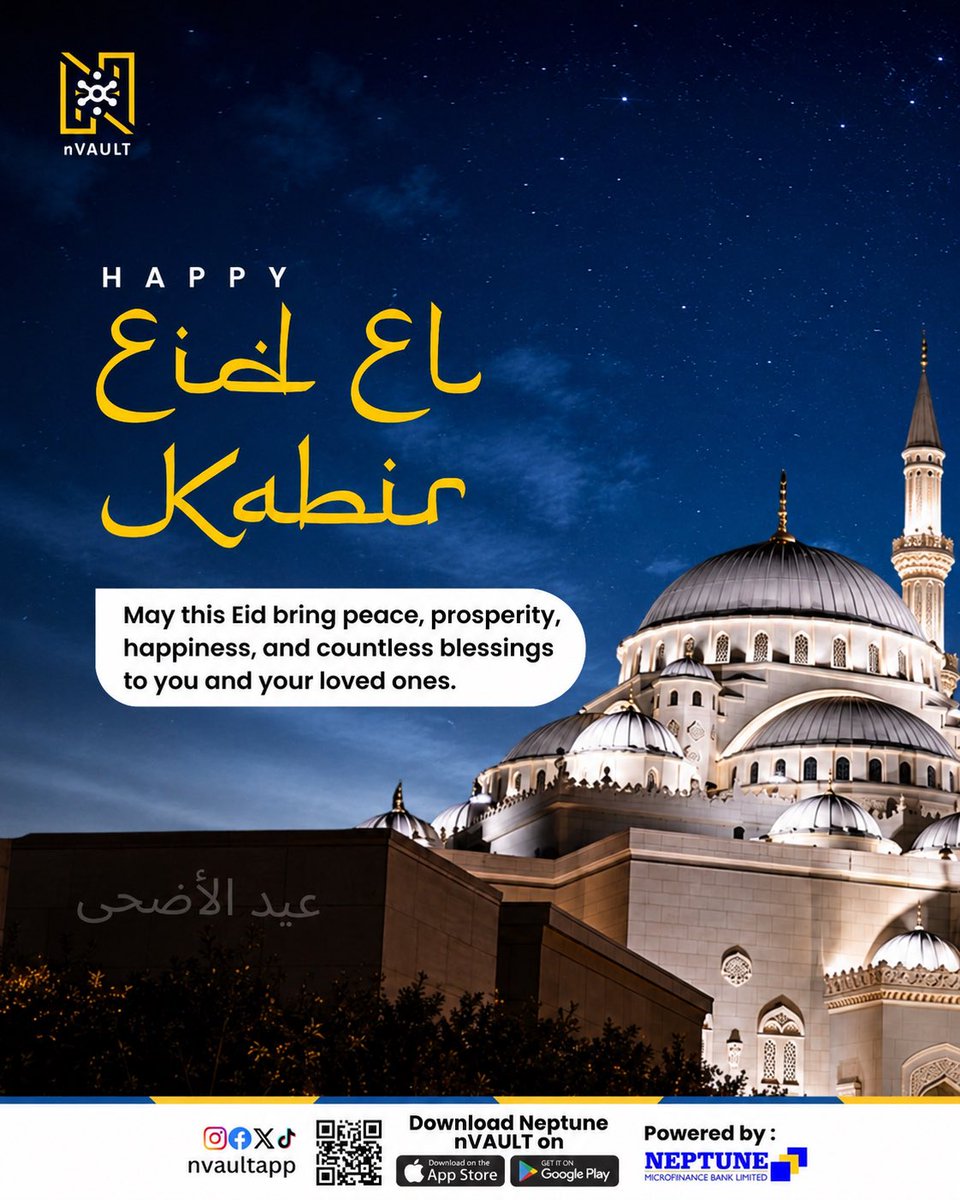 nVAULTapp's tweet photo. Wishing you a beautiful Eid El Kabir filled with happiness, laughter, and unforgettable moments. 🐐🌙

#EidElKabir #Sallah https://t.co/d5SxhqmlR0