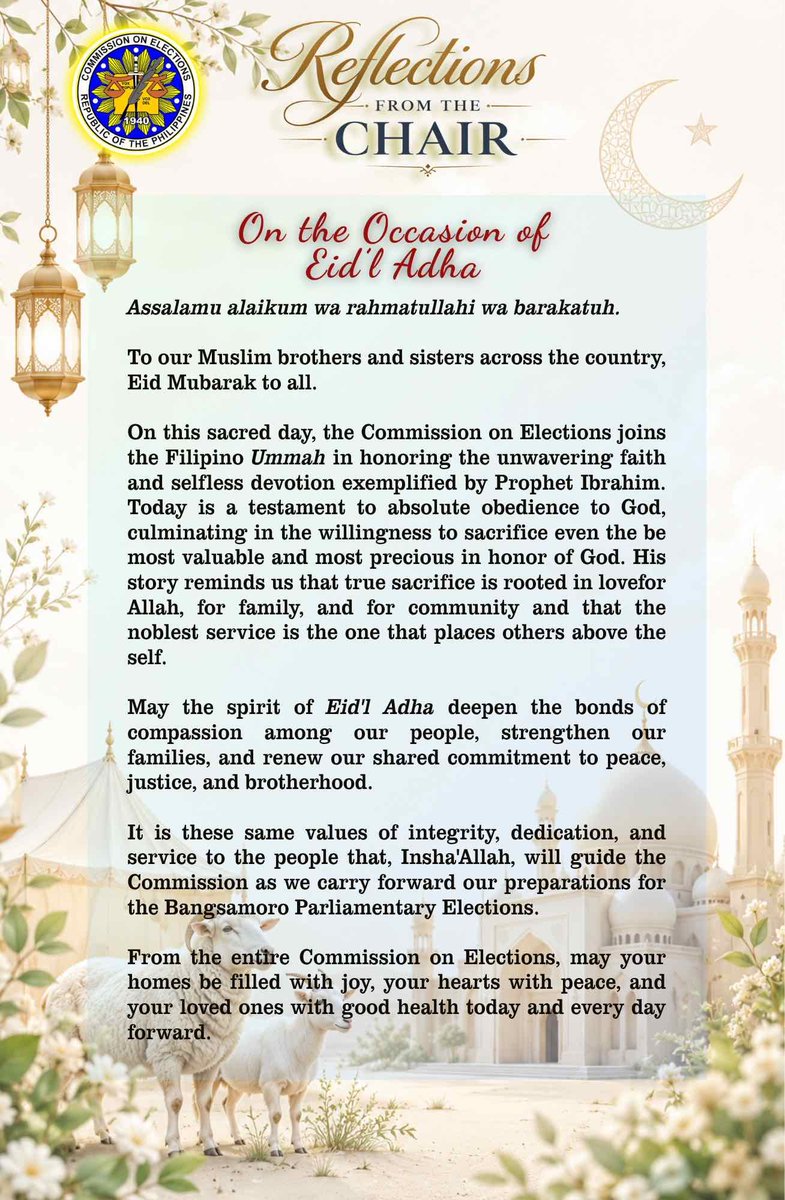 ChairGEGarcia's tweet photo. To our Muslim brothers and sisters across the country, Eid Mubarak to all!

From the entire @COMELEC, may your homes be filled with joy, your hearts with peace, and your loved ones with good health today and every day forward. https://t.co/rFNCFyFWeG