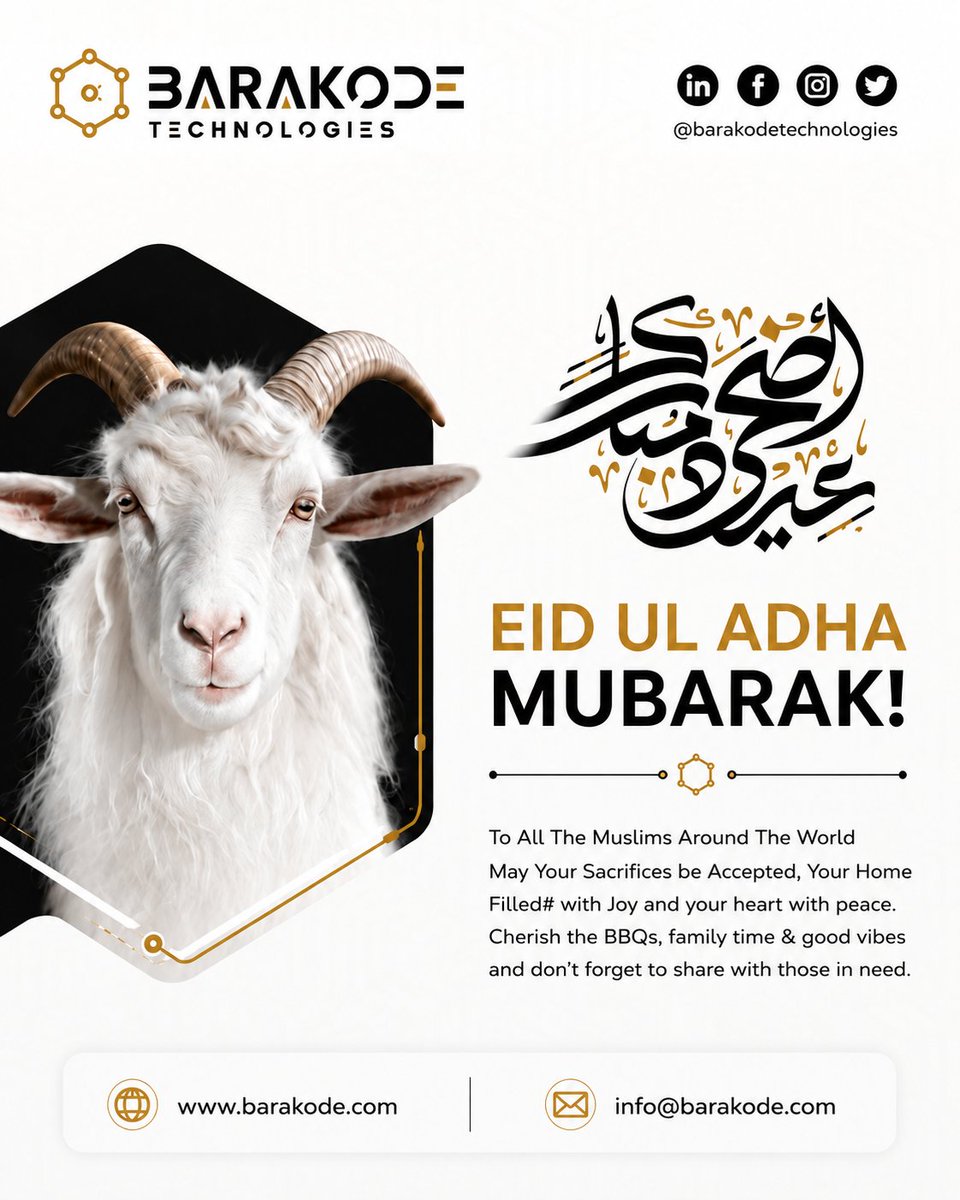 barakode1's tweet photo. 🌙 Eid Ul Adha Mubarak! ✨
On this blessed occasion, may your sacrifices be accepted, your prayers answered, and your heart filled with peace, gratitude, and endless happiness. 🤍

From all of us, wishing you moments of joy, togetherness, and countless reasons to smile. 🌙✨ https://t.co/lLJNaATRnW