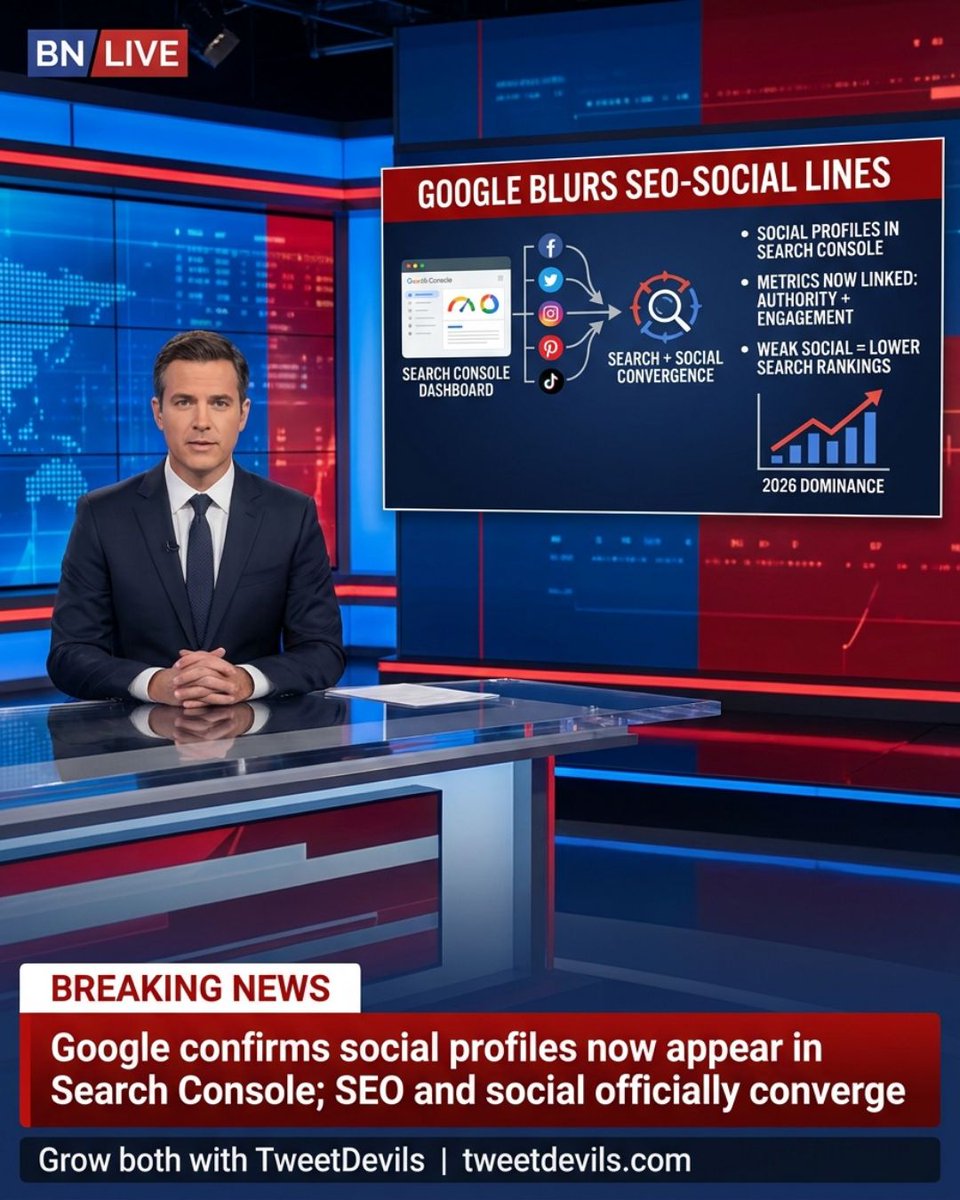 TweeetDevils's tweet photo. Google just confirmed: social profiles will now show inside Search Console. SEO and social are officially the same game. If your social presence is weak — your search rankings will be too. https://t.co/ADD3ePt2Jg #SEO #SocialMedia https://t.co/nLCIJQH69v