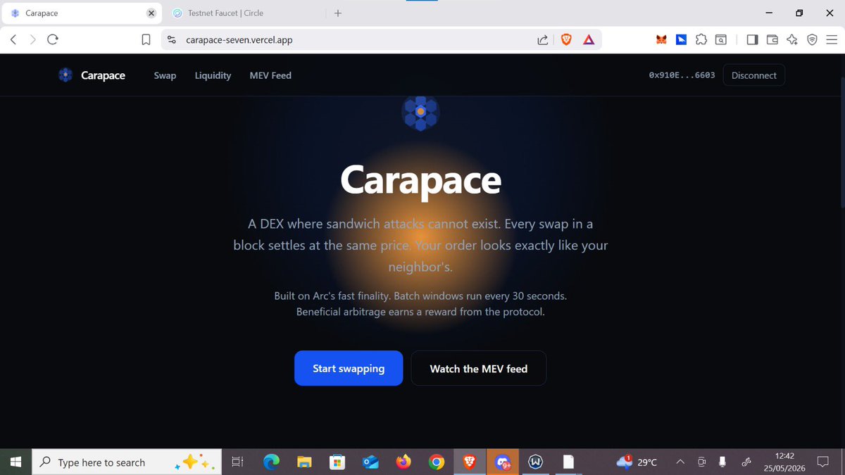 _Veektory's tweet photo. After weeks of attending office hours to see amazing demos of builders, I have been consistently trying to navigate what to do, well, I finally did it. @arc 
My first build:

Carapace: MEV-Protected DEX

A decentralized exchange specifically designed around Arc's MEV classification. Beneficial back-running (cross-venue USDC/EURC arbitrage) is allowed and incentivized. Sandwich attacks are structurally blocked via batch auction settlement all swaps in a block clear at a single uniform price. Uses Arc's fast finality to run batch windows of ~500ms. Demonstrates Arc's "constructive MEV only" philosophy in a live product.

Kindly help me check out; and let me know what you think about carapace. @samconnerone @silencexlm 

https://t.co/QP5y7ktDIs

https://t.co/tZR5uzgRzx

I’m open to all feedbacks.
And thanks to @0xMantissa0 for the explanations and guide.