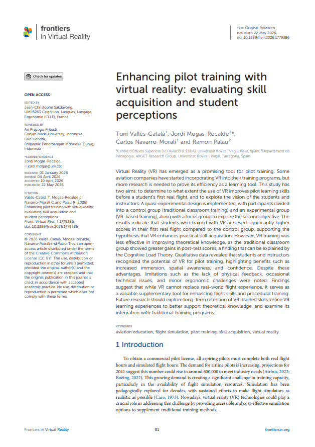 argeturv's tweet photo. 📕Tenim un nou article:

🗨️Vallès-Català, T., Mogas-Recalde, J., Navarro-Morali, C., &amp; Palau, R. (2026). Enhancing pilot training with virtual reality: evaluating skill acquisition and student perceptions. Frontiers in Virtual Reality, 7.

🔗https://t.co/enFwSNaUT0 https://t.co/1WwkJXfB30