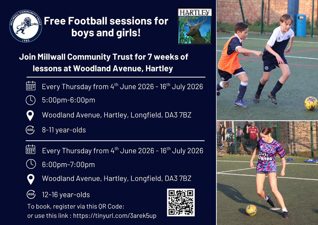 Millwall_MCT's tweet photo. ✅ Free football for boys and girls!

👊 Join MCT for 7 weeks in Hartley from June…

#Millwall #1Club1Community #40Years #ServingourCommunity #WiggettGroup https://t.co/F7bu3xSL0V
