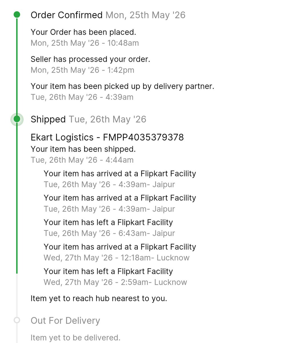 Abhay30121997's tweet photo. My order was supposed to be delivered yesterday, but it hasn't even reached the nearest hub yet. I need this order today only at any cost. Already delayed from your end. @flipkartsupport @Flipkart @_Kalyan_K @flipkart_tech https://t.co/BGl9zJjshQ