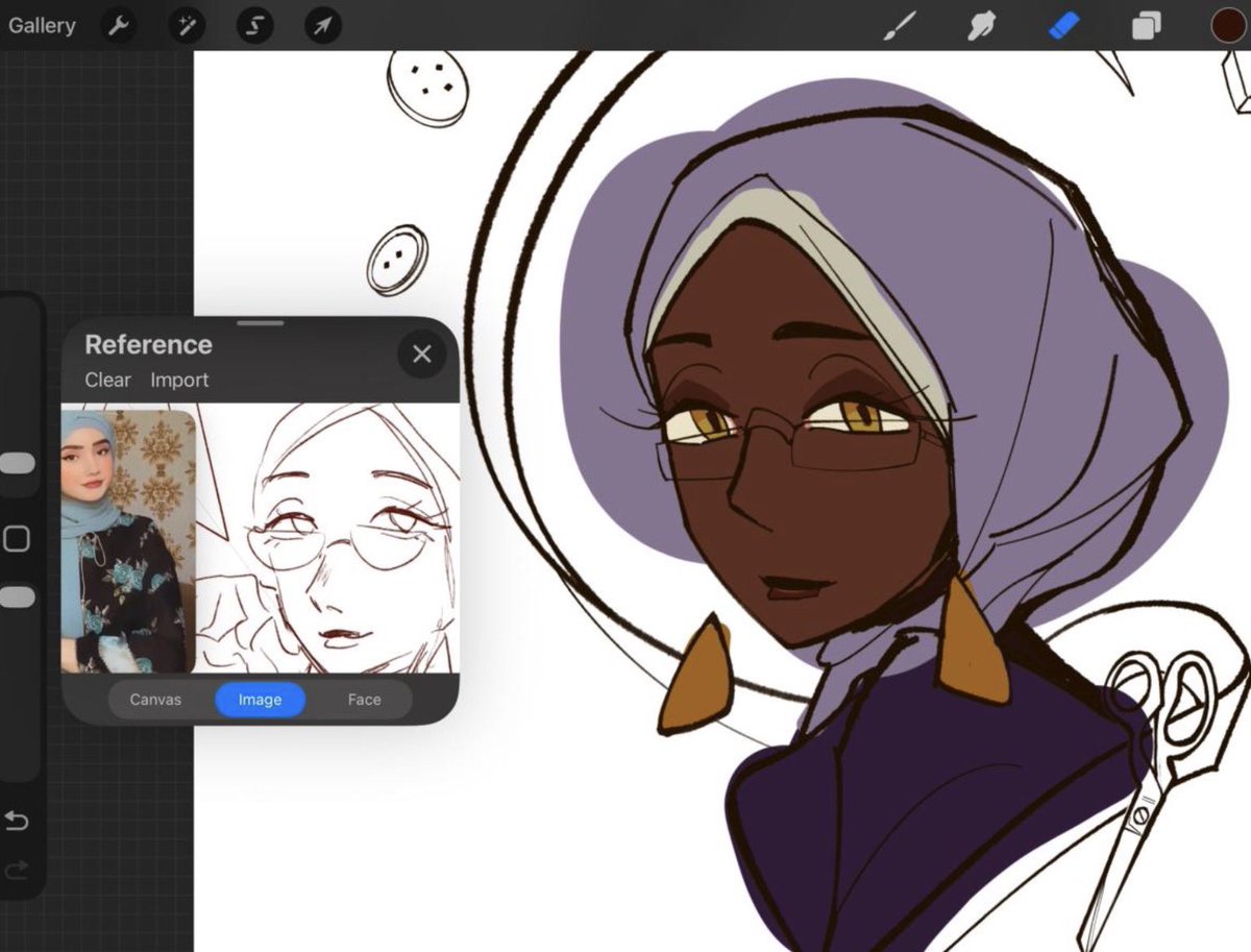 AcademiaVI's tweet photo. WIP of another one of my characters in Academia VI, Erena Fadel. A departure from the dark skin + white hair trope. I wanted to see more black hijabi girls represented in media, so here she is. 💜 :) https://t.co/9YQGzFdsK4