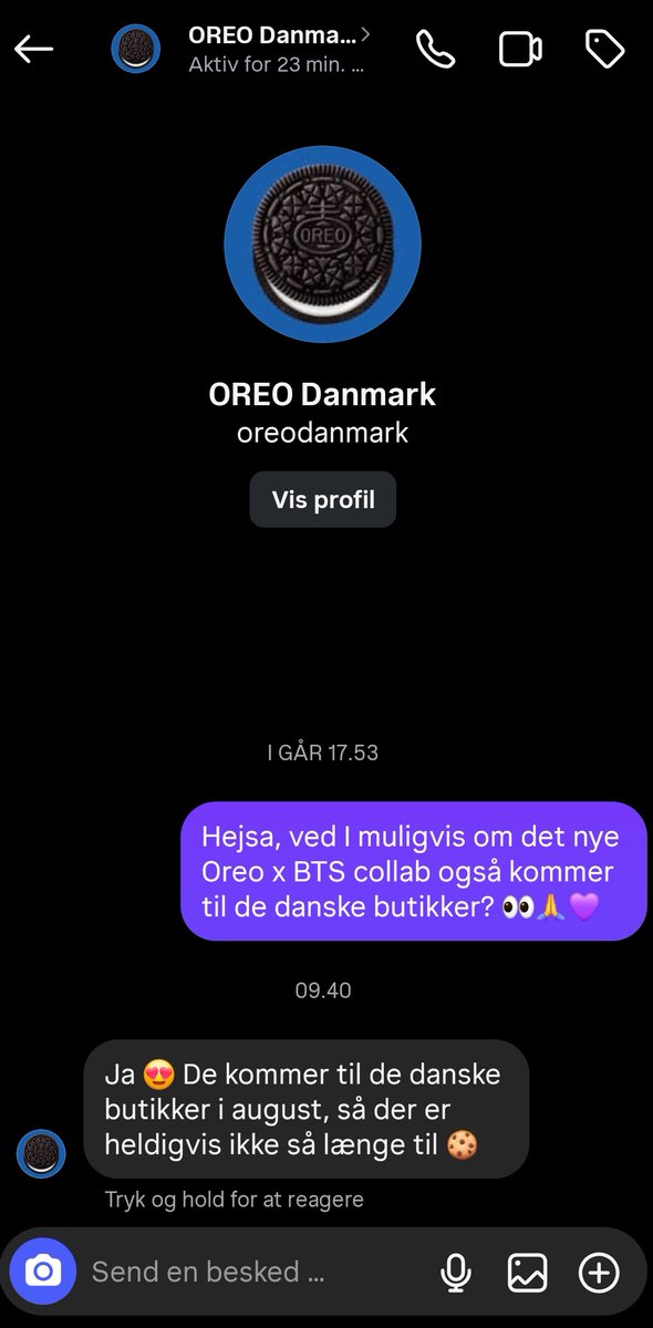 btsdanisharmy's tweet photo. Good news Danish ARMYs! 🇩🇰

We asked @Oreo Denmark and they've confirmed that we will also get the #BTSxOreo cookies in Denmark beginning in August! 🍪💜

#BTSdk #BTS @BTS_twt https://t.co/vwvApEmLh4