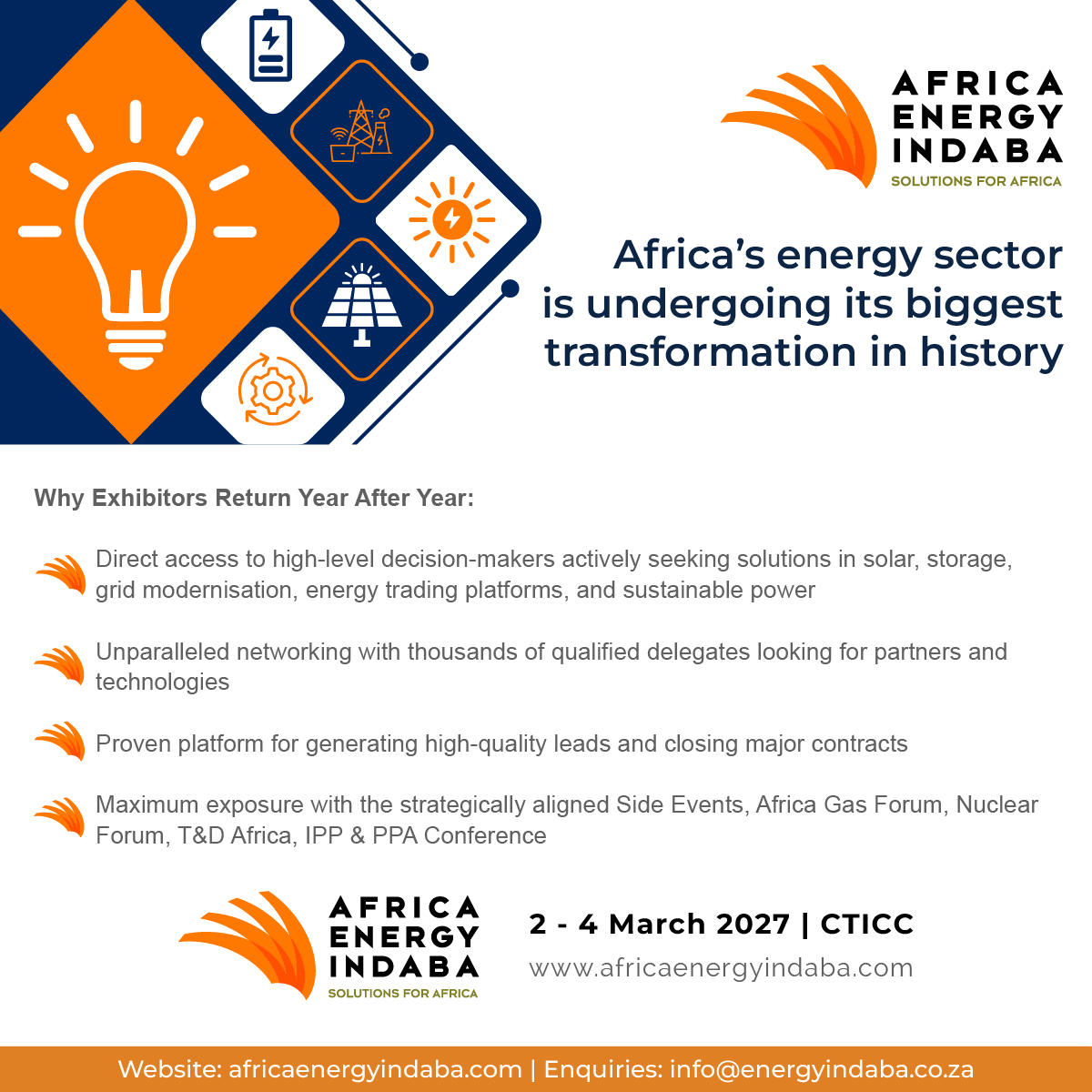 EnergyIndaba's tweet photo. Africa's energy future is being built now, and the conversations shaping it are happening at the Africa Energy Indaba 2027.

Secure your stand and position your brand at the heart of Africa's energy transformation.

#AfricaEnergy #AfricaEnergyIndaba #EnergyIndaba #PoweringAfrica https://t.co/7w55htzbdO
