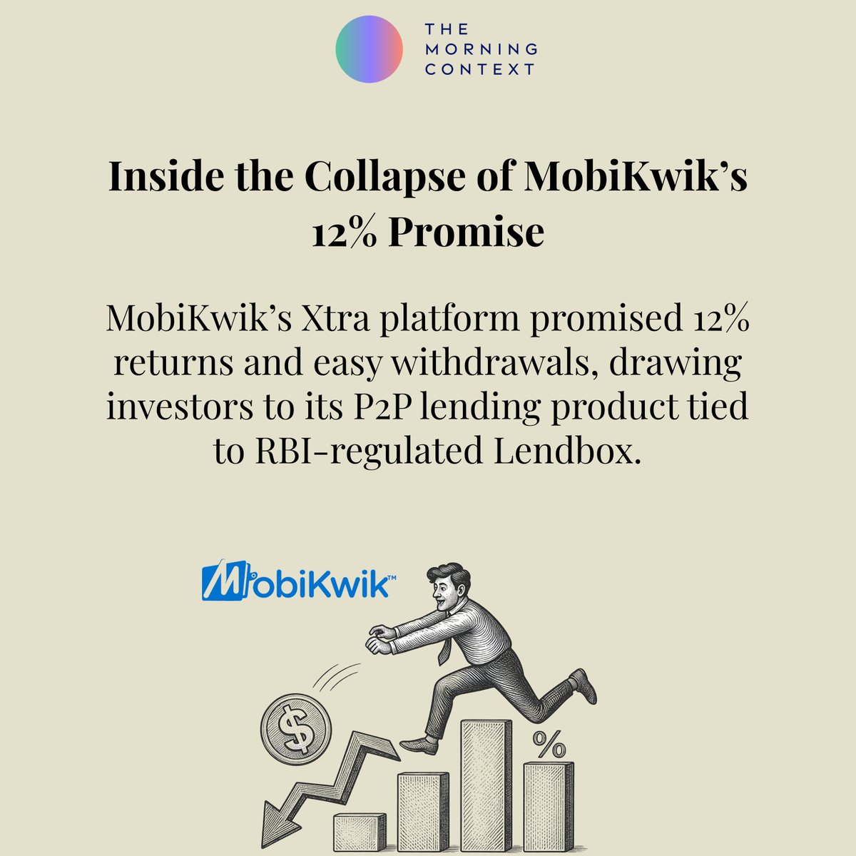MorningContext's tweet photo. Investors joined MobiKwik’s P2P product for steady returns and easy exits. Repayments have now slowed or stopped, leaving them struggling to recover money amid disputed accountability.
@sonalch10 Writes: https://t.co/i0puCdnqUO https://t.co/E1iNPebOrL
