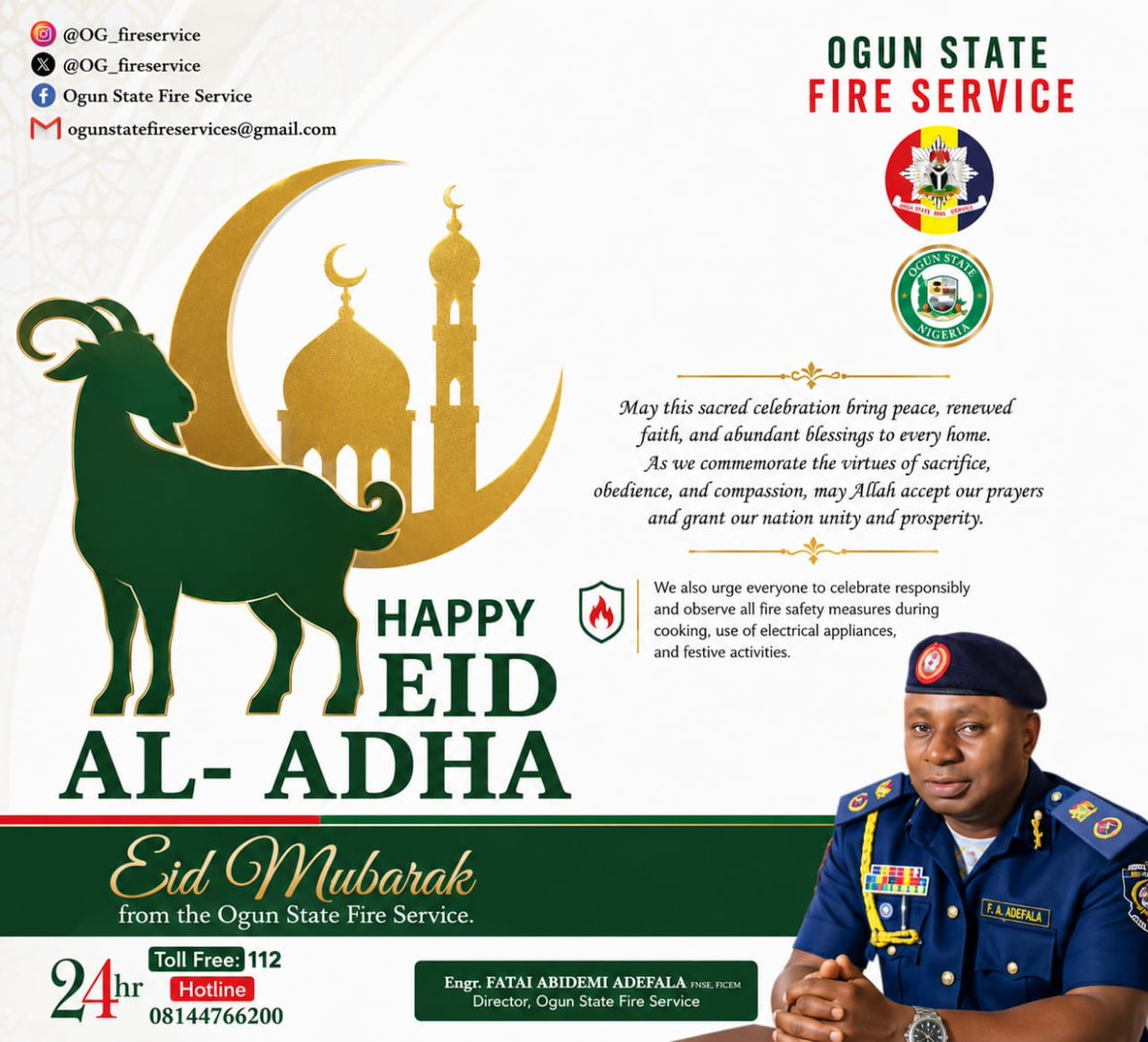 OG_FireService's tweet photo. The Director, Ogun State fire service, Engr. Fatai Abidemi Adefala, on behalf of the management and entire personnel of Ogun State Fire Service, warmly felicitate with all Muslim as we celebrate this year’s Eid al-Adha.

Eid Mubarak https://t.co/kZjM1wfFap