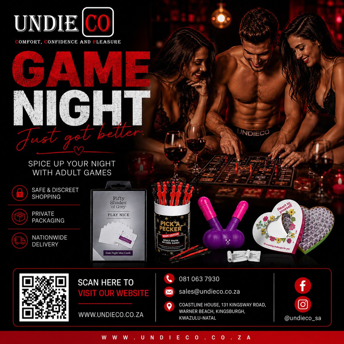 KarlBulow's tweet photo. 🎲 GAME NIGHT JUST GOT BETTER 🔥

Looking to spice up your evening? Explore exciting adult games and fun lifestyle products at UNDIECO.

🖤 Safe & Discreet Shopping
📦 Private Packaging
🚚 Nationwide Delivery

Shop online today:

🌐 https://t.co/XLmLDQpx35

📱 081 063 7930
📧 sales@undieco.co.za

#UndieCo #GameNight  #AdultLifestyle  #DiscreetShopping  #southafrican  #adultgames  #couplesfun