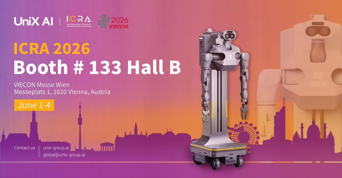 RoboticsUnixAI's tweet photo. Visit us at ICRA 2026 🇦🇹
📍 Messe Wien Exhibition &amp; Congress Center
🗓 June 1–4, 2026
🎯 Booth #133, Hall B

We’re showcasing three open research platforms built for universities, robotics labs, and embodied AI developers:
🤖 Panther EDU,Wanda EDU,Uni-OpenArmX

See you in Vienna. https://t.co/HDdpCVC168