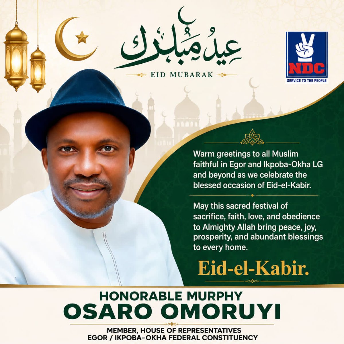 MurphyOsaro's tweet photo. Hon. Murphy Osaro Omoruyi Felicitates with Muslim Faithful on Eid-el-Kabir

Hon. Murphy Osaro Omoruyi extends warm greetings to Muslim faithful across Egor and Ikpoba-Okha Federal Constituency and beyond as they celebrate the sacred occasion of Eid-el-Kabir. https://t.co/cHhVjjU2tu