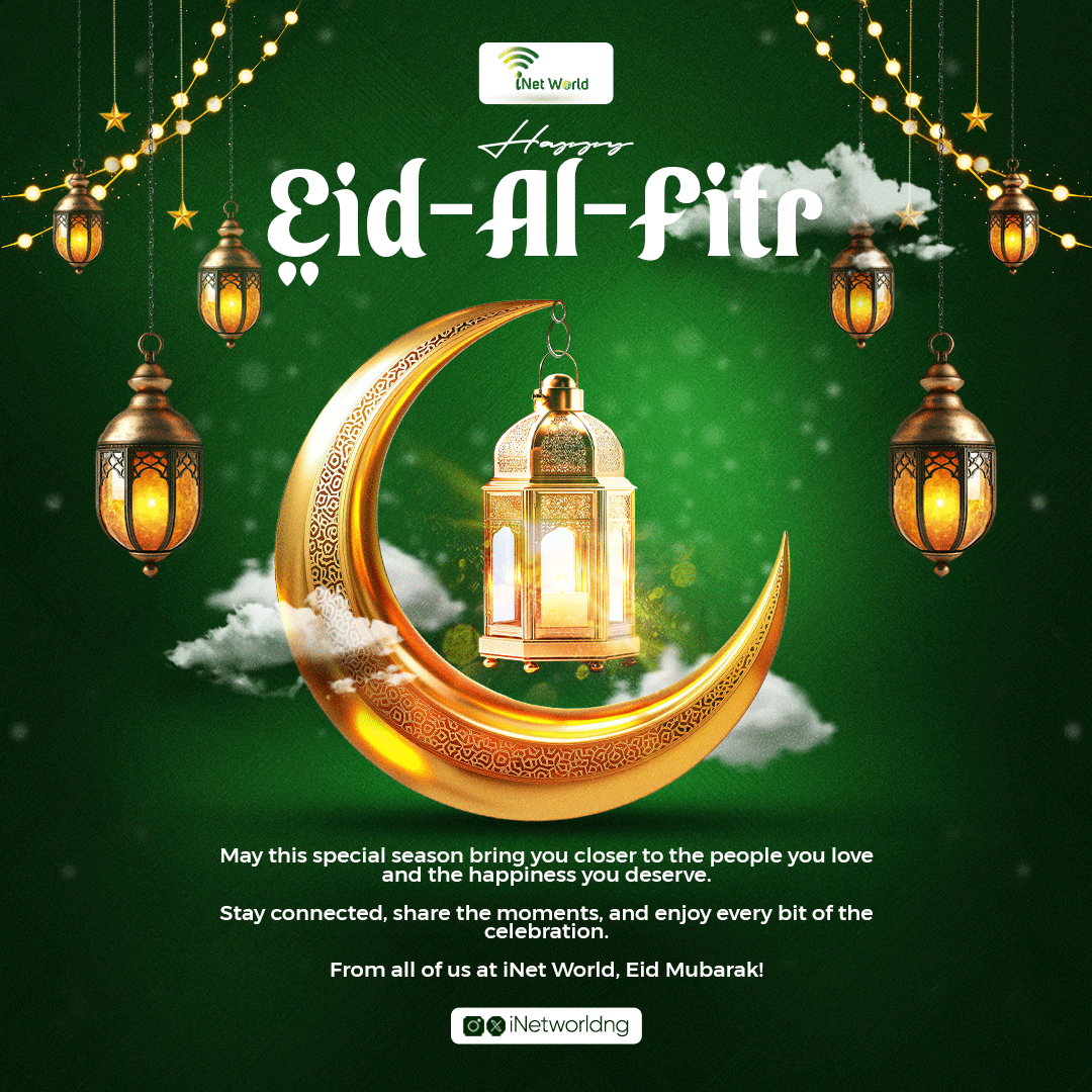 iNetWorldng's tweet photo. Eid Mubarak 🌙

May your home be filled with laughter, love, and delicious food… and smooth internet for all the Eid moments. 💚

Have a joyful and peaceful Eid Kabir celebration. 🎉

#eidmubarak #stayconnected #celebration #unlimiteddata #inetworld https://t.co/PkFNuPR9TV