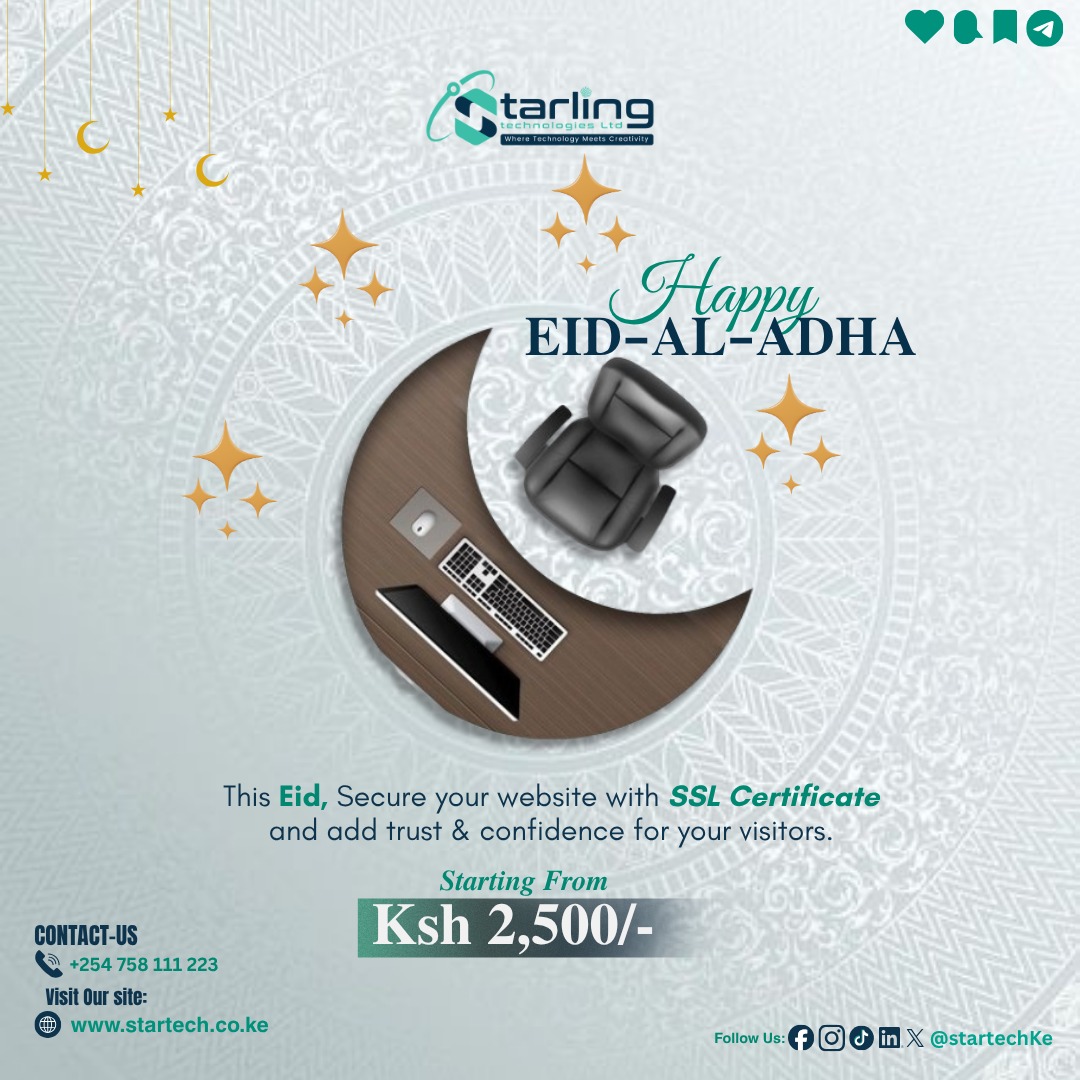 startechKE's tweet photo. This Eid-Al-Adha, may your website be as secure as your celebrations are joyful!
Protect your online presence with our SSL certification services &amp; enjoy peace of mind knowing your visitors' data is safe. 
Contact us today to secure your website! #eidaladhamubarak https://t.co/K3oeMcVwNs