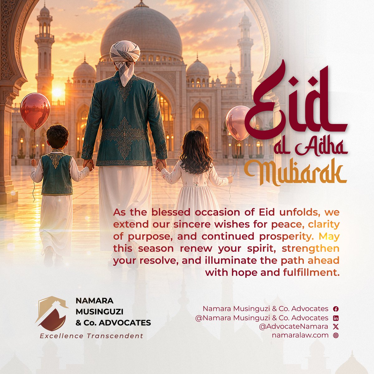 AdvocateNamara's tweet photo. Wishing you and your family a blessed Eid al-Adha filled with peace, prosperity, and joy. Eid Mubarak! ✨🙏 #EidAlAdha #EidMubarak https://t.co/3FUNt38pdD