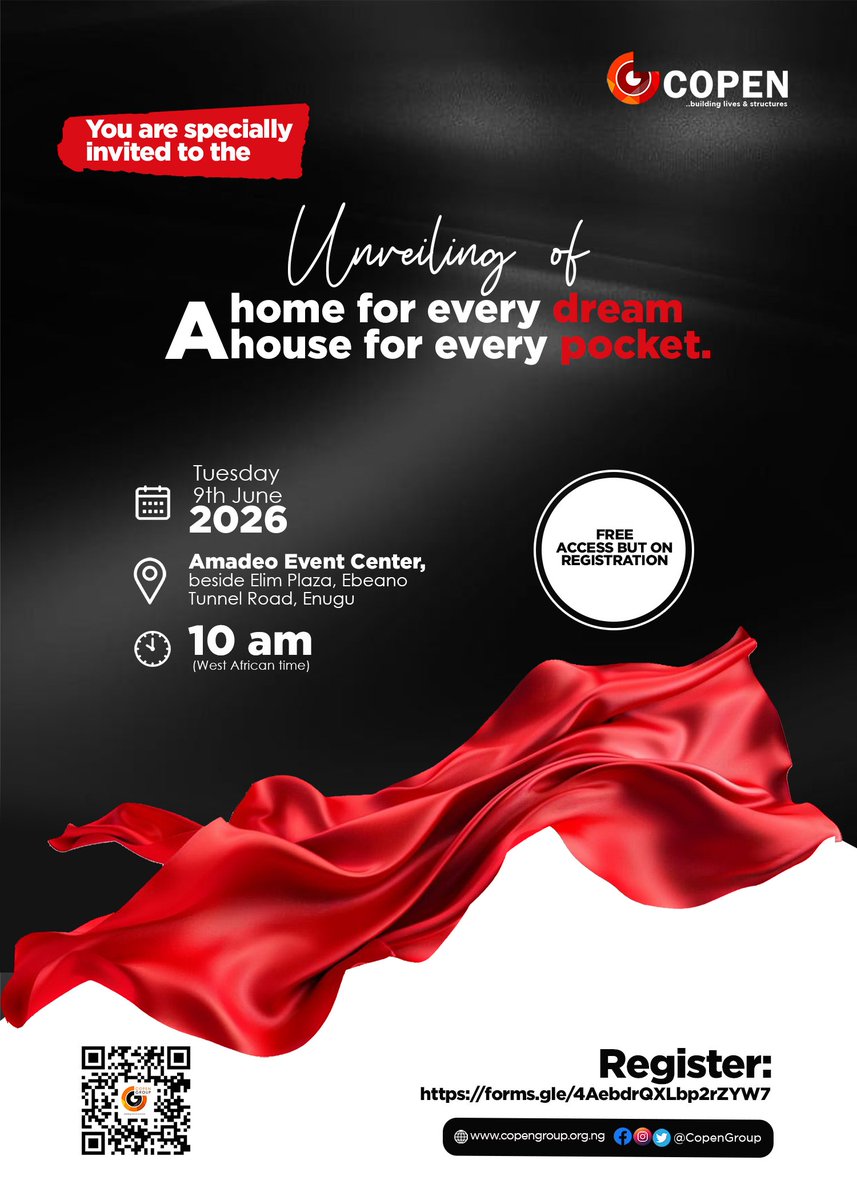 CopenGroup's tweet photo. Join us on Tuesday June 9th as we explore the diverse homeownership opportunities available to you and take a step closer to owning your dream home.

Venue: Amadeo Event Center, Enugu.

Time: 10:00 am

Register for free:
https://t.co/ZMkbK8Z5lG https://t.co/xCHE3zdMB5