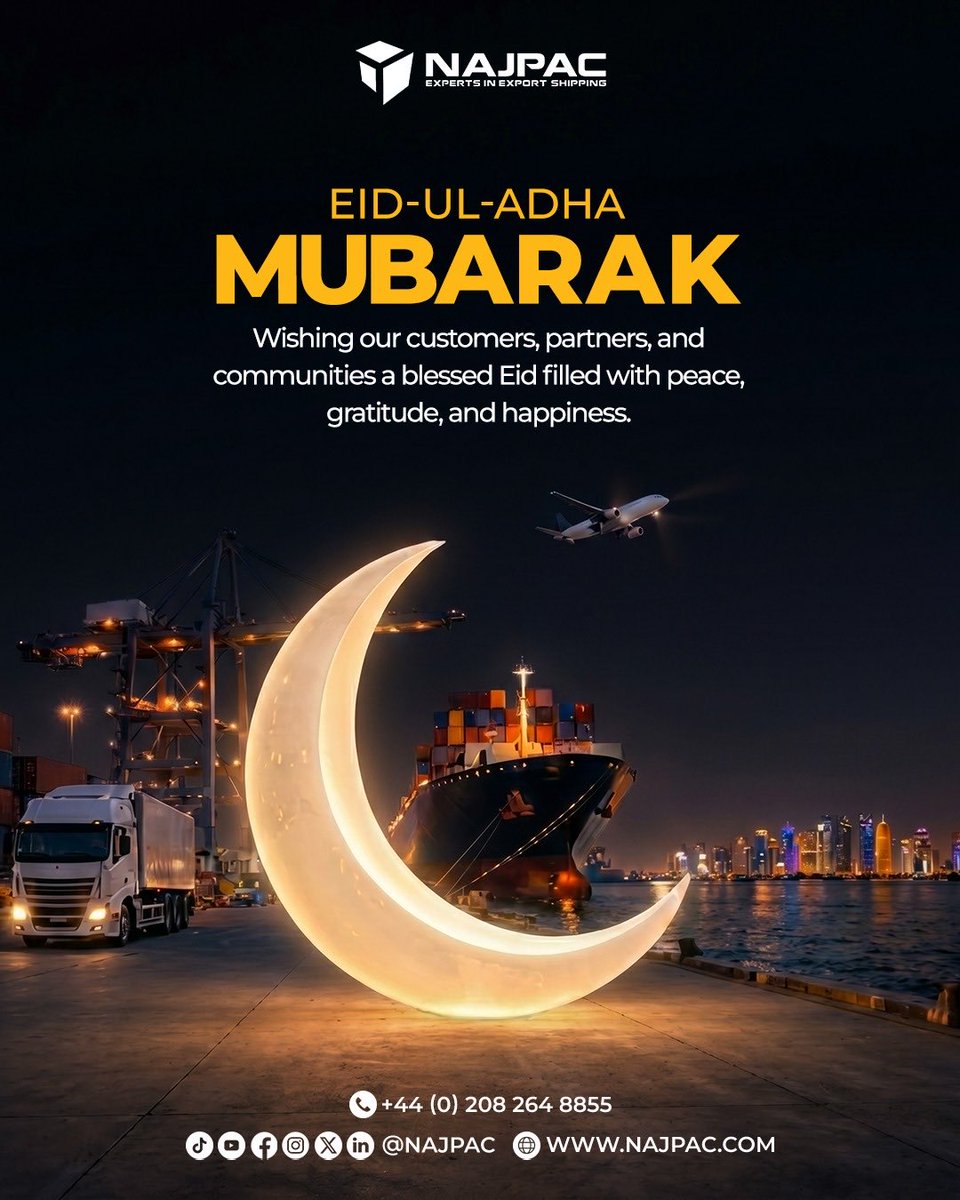 NajPac's tweet photo. Eid Mubarak from all of us at NajPac.

Wishing you and your loved ones peace, happiness, good health and safe travels this Eid-ul-Adha. Thank you for always trusting us with your shipments and supporting our journey.
May this blessed occasion bring barakah to every home✨ https://t.co/ibgroQK6wf