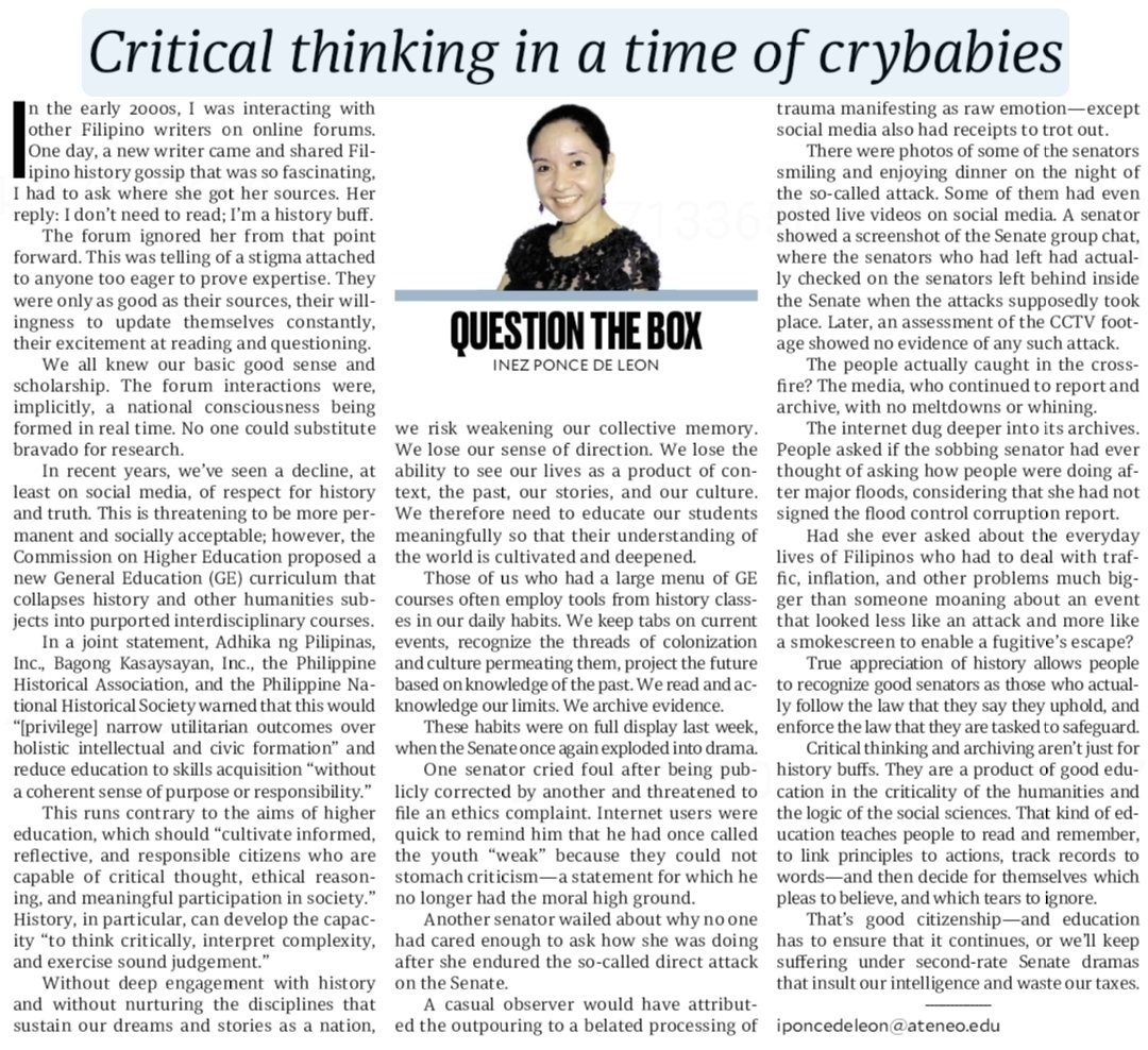inezpdl's tweet photo. This week's #QuestionTheBox blends a need for the tools of history and Senate drama. Because we shouldn't have to put up with the theatrics when there are cases to resolve and entire systems to overhaul. 

Read Critical Thinking in a Time of Crybabies at https://t.co/fDAwTvkHCT https://t.co/C6Je0ksTJk
