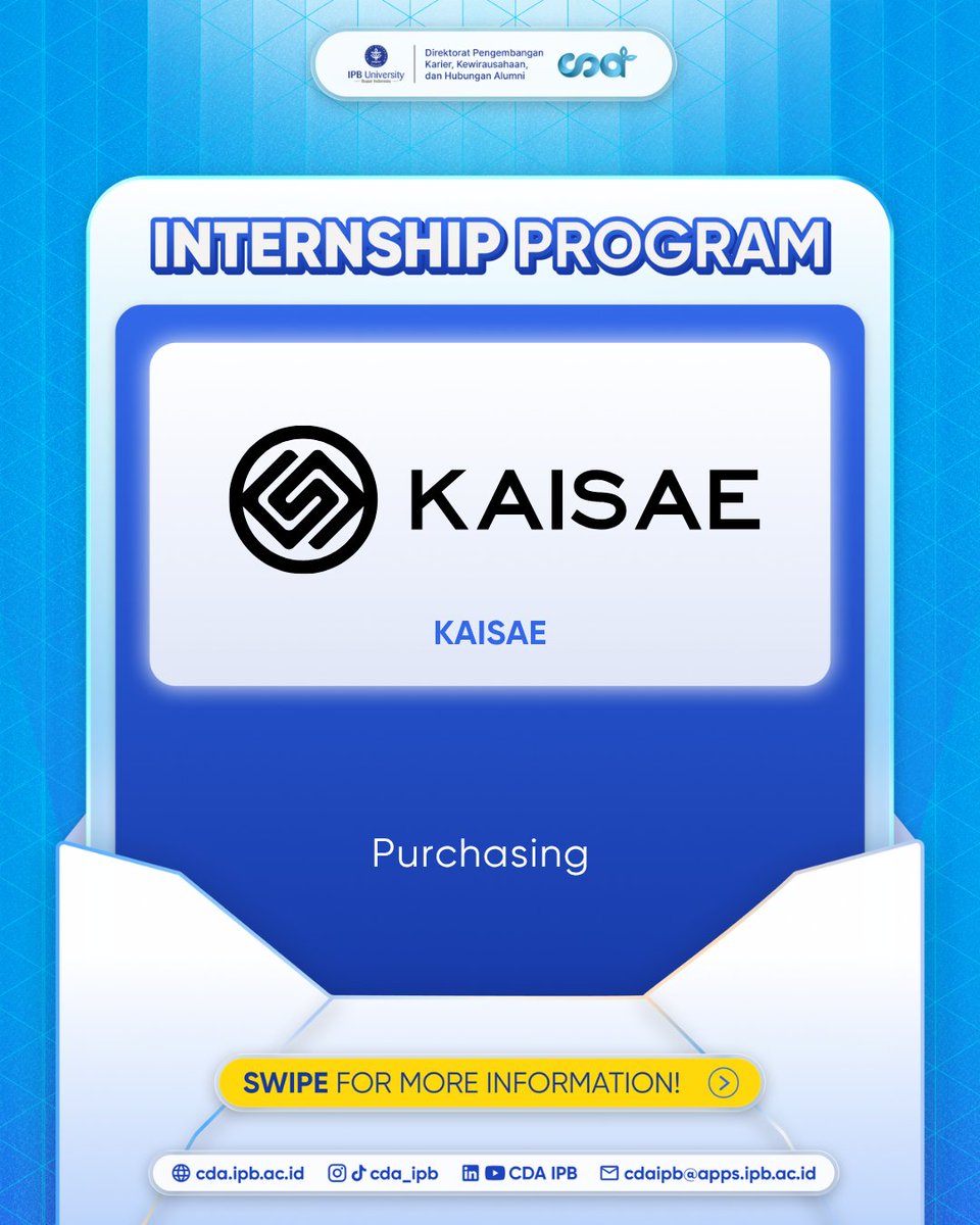 CDA_IPB's tweet photo. [𝗜𝗡𝗧𝗘𝗥𝗡𝗦𝗛𝗜𝗣: 𝗞𝗔𝗜𝗦𝗔𝗘] 

Hai sobat karier, 
Kamu mahasiswa semester akhir atau fresh graduate yang sedang mencari pengalaman di dunia profesional ❓ https://t.co/n0e4rIyHC5