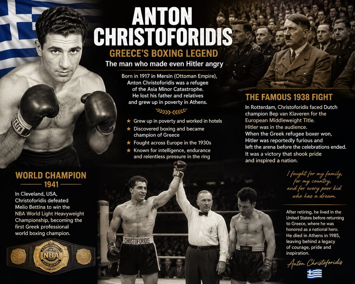 georgioslidis's tweet photo. “Adonis” Christoforidis know to the world Anton Christoforidis

He was one of the greatest Greek athletes of the 20th century and became the first Greek professional world boxing champion.

Born in 1917 in Mersin in the Ottoman Empire (modern day Turkey) Christoforidis was a Pontic Greek refugee of the Asia Minor Catastrophe (genocide) 

His family fled to Greece after the destruction of Smyrna in 1922. 

Tragically, his father and several relatives were killed by the new Turkish regime 

He grew up in poverty in Athens and worked in hotels and always took care of his little sisters, before discovering his talent for boxing.

As a teenager he quickly became a champion in Greece and later moved to France to pursue professional boxing. 

During the 1930s he fought across Europe and earned a reputation for intelligence, endurance, and relentless pressure in the ring rather than knockout power.

As a Greek Orthodox Christian he made sure always to pray before and after his fights and always visited hospitals to help as much he can 

The famous story involving Adolf Hitler comes from a 1938 fight in Rotterdam. 

Christoforidis fought Dutch champion Bep van Klaveren for the European middleweight title. 

Hitler was reportedly present among the spectators because Nazi Germany closely followed major European sporting events at the time. 

According to boxing history accounts, Hitler became upset when Christoforidis, a Greek refugee boxer defeated van Klaveren and won the European title. 

Some stories say Hitler left angrily before the celebrations concluded.

What made Christoforidis especially admired in Greece was that he symbolized resilience:

A refugee who lost his family,
rose from poverty, defeated Europe’s best fighters, and later became world champion in America.

In 1941 he won the NBA World Light Heavyweight Championship in Cleveland by defeating Melio Bettina, becoming the first Greek professional world boxing champion.  

After retiring, he lived in the United States for years before eventually returning to Greece, where he was treated as a national hero. He died in Athens in 1985.

Anton Christoforidis really had an incredible story, from refugee hardship to becoming a world champion and a symbol of Greek resilience. 🥊🇬🇷
