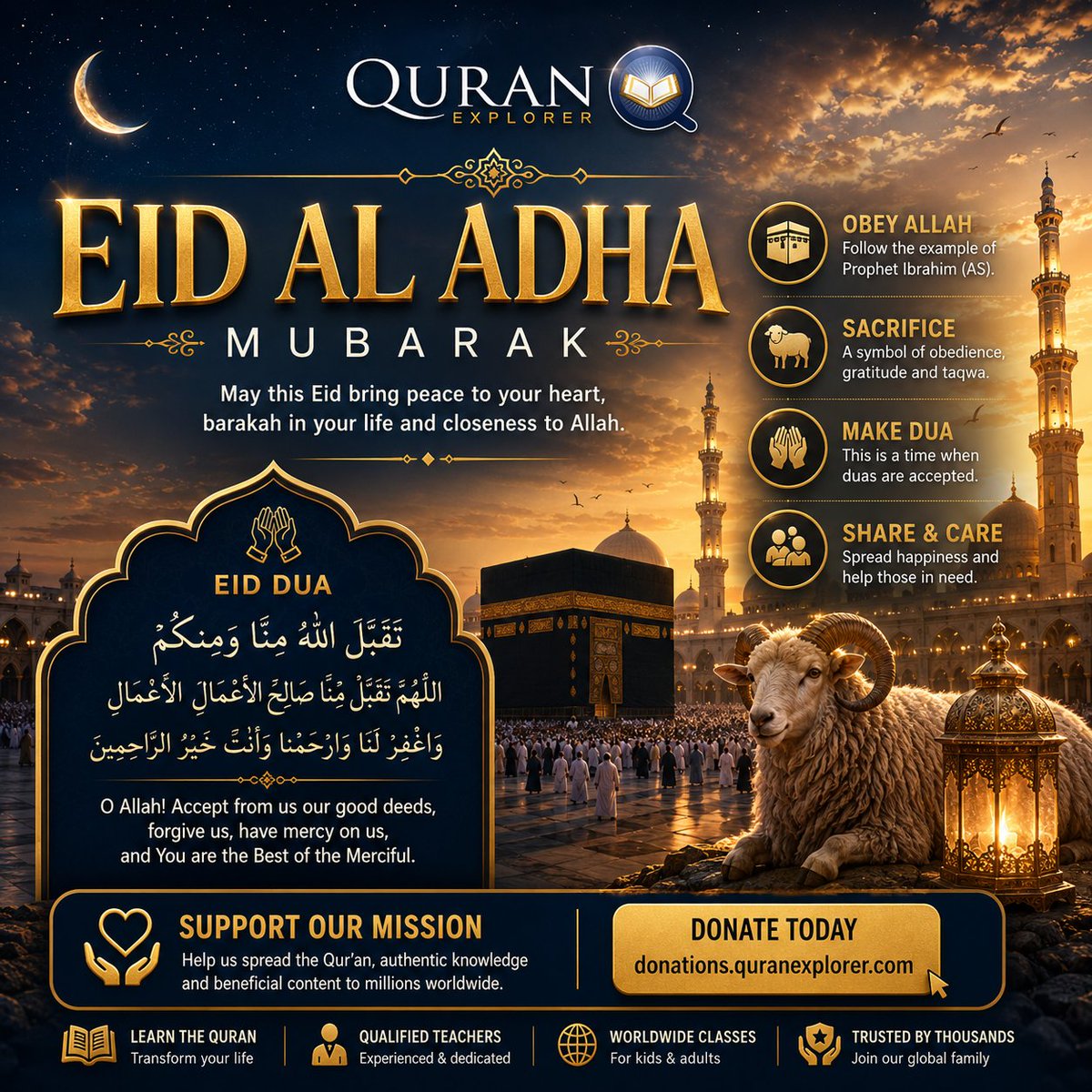 QuranExplorer's tweet photo. ✨ Eid Al-Adha Mubarak ✨
"تَقَبَّلَ اللَّهُ مِنَّا وَمِنكُمْ"
May Allah accept from us and from you.
🤲 Support the mission:
https://t.co/AOrHwiQbcI
#EidMubarak #EidAlAdha #Hajj2026 #QuranExplorer https://t.co/bk2Ei3Fmft
