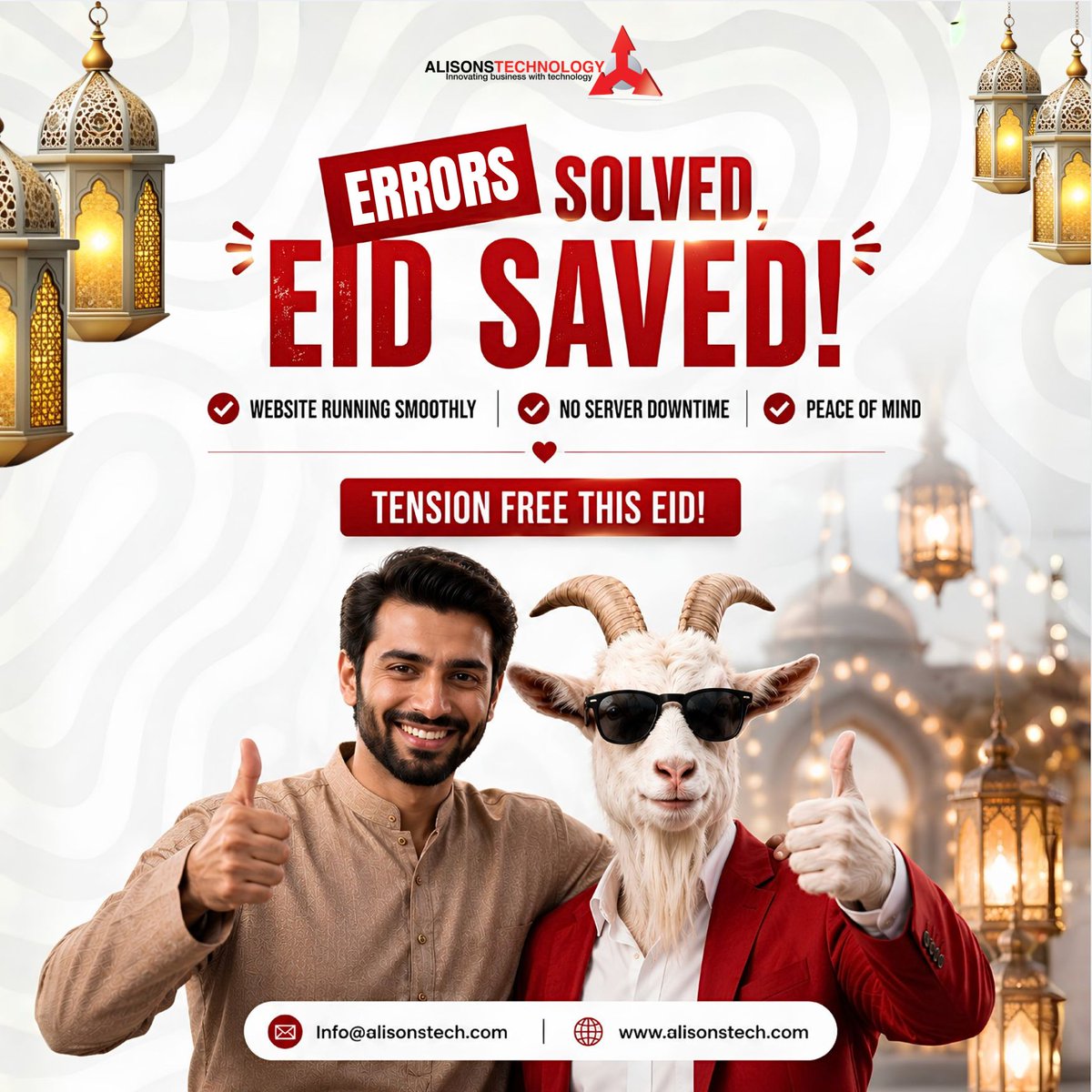 Alisonstech's tweet photo. Eid break on one side… server breakdown on the other 

When everything goes down except the memes!

But don’t worry we’ve got the solution!

So you enjoy your Eid peacefully while we handle the tech stress. 

#TechGlitch #EidReady #ServerMonitoring #ITSupport #Error500 https://t.co/rTz4hf3lwV