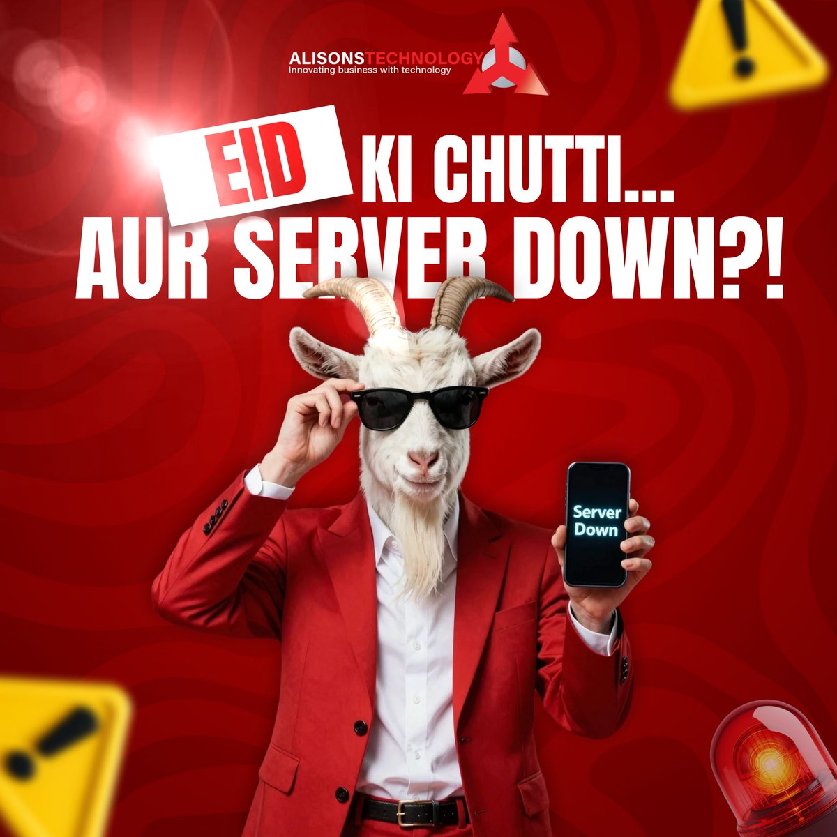 Alisonstech's tweet photo. Eid break on one side… server breakdown on the other 

When everything goes down except the memes!

But don’t worry we’ve got the solution!

So you enjoy your Eid peacefully while we handle the tech stress. 

#TechGlitch #EidReady #ServerMonitoring #ITSupport #Error500 https://t.co/rTz4hf3lwV