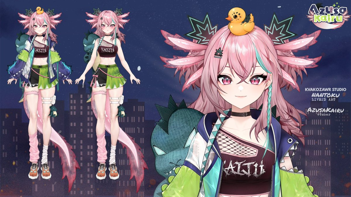 AzusaKairu's tweet photo. Look out, it’s AZUZILLA! *\(^o^)/* 
💥Rawr!  I am Azusa Kairu!  Or you can call me Azu

💥I’m an axolotl kaiju vtuber🦎💥
💥I stream Tues, Thurs and Saturday at 
https://t.co/j8MiIruF75

🦎Full Live2D debut in August 

Live2D Model Art by Nantoku of Kvakozawr Studio
Design by Komori_Kito

Tags
🎨: #sketchyzilla
🔞: #axoloodles

See my 🔗 in bio for Credits and References.