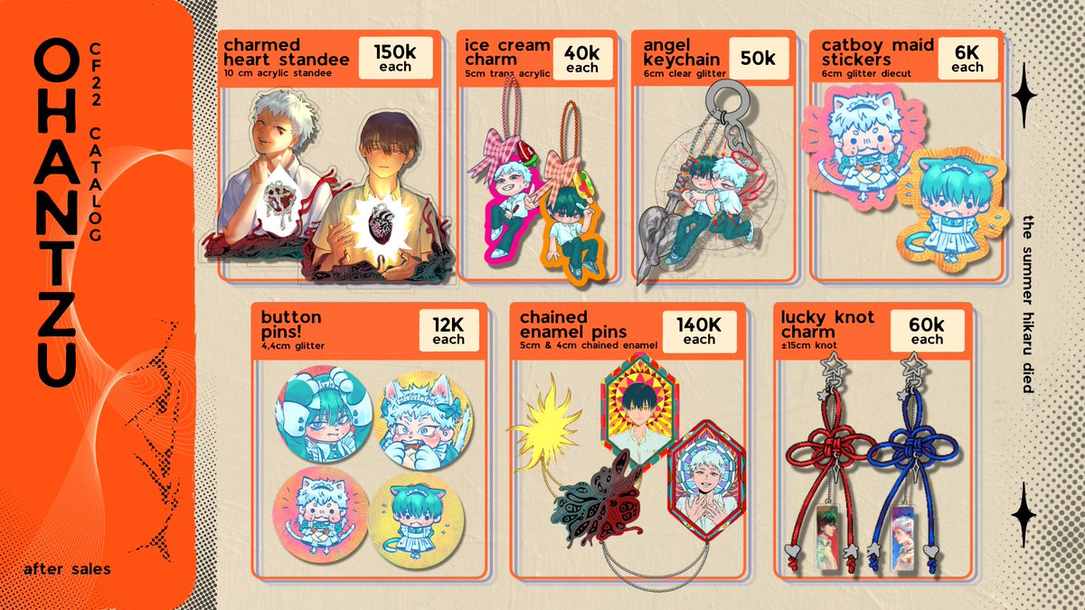 ohantzu's tweet photo. [𖹭 &amp; ⟳ appreciated!]

My #cf22 After Sales PO is here! 🇮🇩 

🗓️  Ends on 3 June 2026
📦  Manual shipping only
🔖  The Summer Hikaru Died, Where Winds Meet (WWM), Silent Hill f, Dungeon Meshi, ALNST, ZZZ
🔗 https://t.co/V9hm08tMuV

#cf22catalogue https://t.co/XkFgkcMUtO