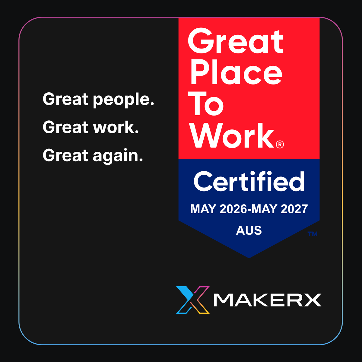 MakerXAU's tweet photo. 100% of our Aussie team said MakerX is a great place to work!

For the third year running, we're officially Great Place To Work® Certified.

→ Training & development scores jumped 18% to 97% in a single year
→ People finding meaningful work jumped 12% to 94% = this is not "just a job"
→ Every respondent said they feel psychologically safe
→ Scores were consistent across every age, gender, and tenure group. No one is being left out of a good experience

We're so proud of it. And none of this happens without the Makers who show up every day and contribute to the culture that makes these results possible, thank you to our folks. :blue_heart:

If MakerX sounds like the kind of place you'd like to work one day, we'd love to hear from you. Drop us a message or keep an eye on our page!