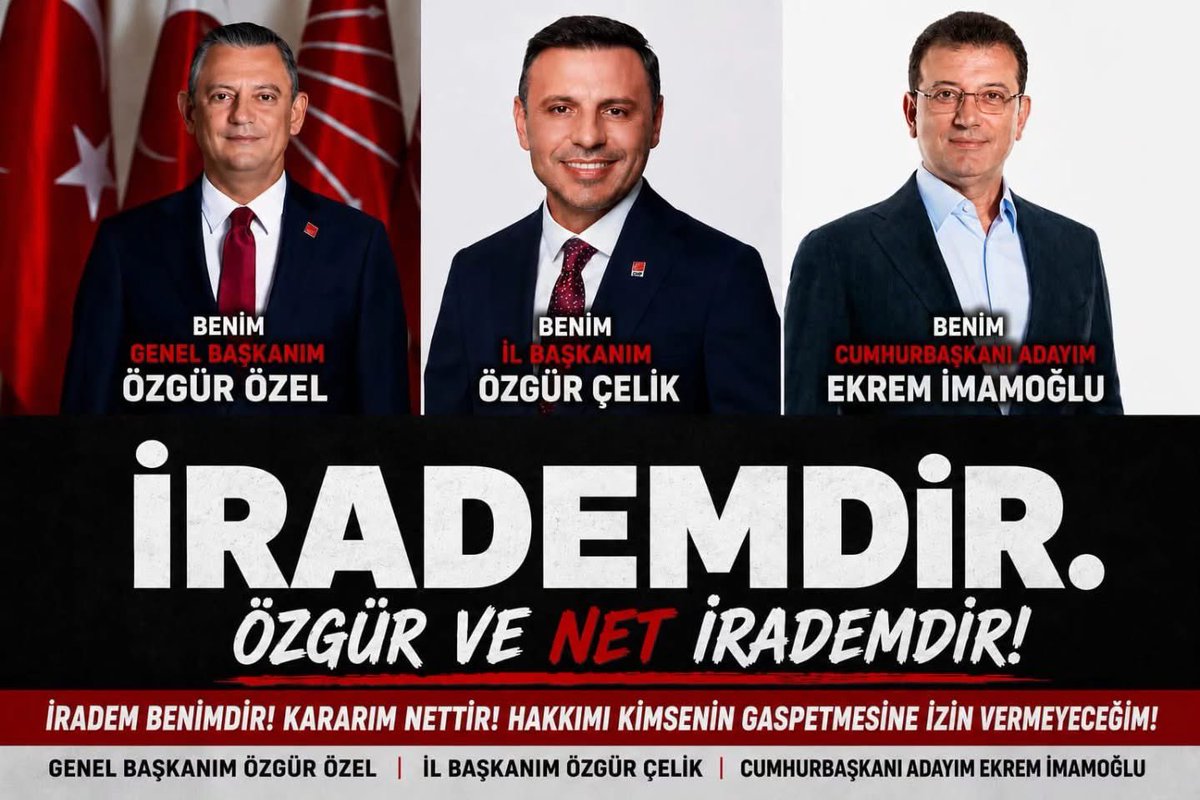 yenipartibskshr's tweet photo. İRADEMDİR, KARARIM NETTİR!

Benim Genel Başkanım Sayın Özgür Özel,
İl Başkanım Sayın Özgür Çelik, Cumhurbaşkanı Adayım Sayın Ekrem İmamoğlu’dur.
İradem nettir.
İradem özgürdür.
Hiçbir baskı, hiçbir vesayet; örgütün ve milletin iradesinin üstünde değildir. https://t.co/xCk0HShvlz