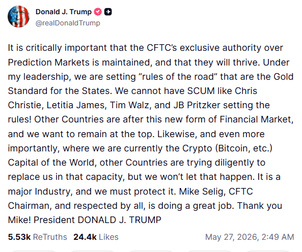 JunaidDar85's tweet photo. 🚨 Trump says crypto is critical for U.S. dominance.

He wants America to remain the “crypto capital of the world” and supports CFTC oversight for prediction markets. 🇺🇸

At the same time, he warned that other countries are pushing aggressively to take the lead in crypto innovation.

The global race for crypto leadership is getting more serious. 👀

#Bitcoin #Crypto #Trump #Blockchain #Web3