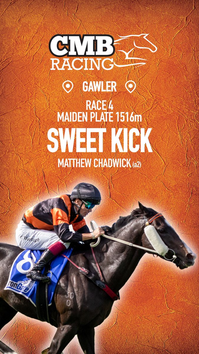 RacingCmb's tweet photo. We head to @Gawlerjockey 

R4 SWEET KICK needs to improve. Should get good run in transit with 2kg claim

R5 FLYWAY should enjoy the heavy conditions

Good luck to connections 🏇🧡🖤

@ChrisBieg @CountryRacingSA @domjock @RacingSA @mattychadwick98 https://t.co/B9QG09VKqu