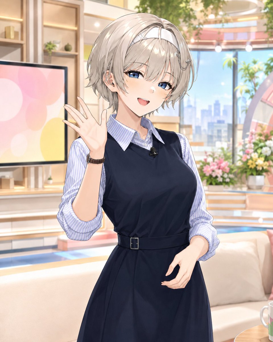 P25Va's tweet photo. お昼のテレビをつけたら、
そこには手を振るプリカが。
「こんにちは。今日はよろしくお願いします」

いつものクールな雰囲気とは少し違って、
やわらかく愛想よく笑う姿がなんだか新鮮だった。

クールなプリカと、かわいく手を振るプリカ、どっちが好き？

#NIKKE #ニケ #AIイラスト https://t.co/Ln1BteqO15