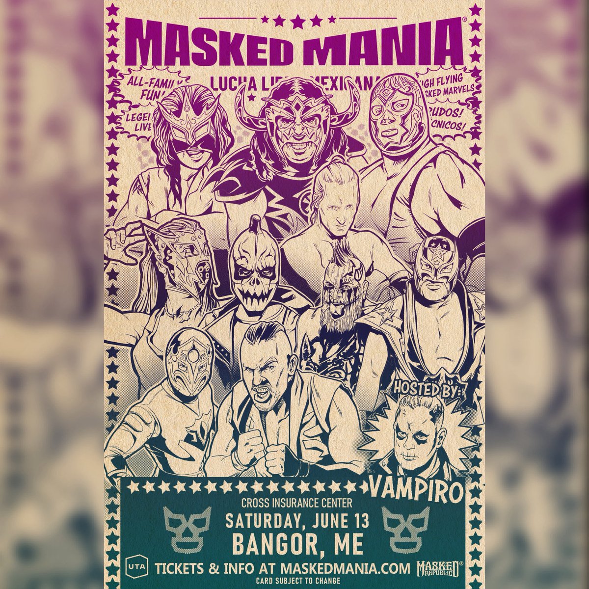 maskedrepublic's tweet photo. BANGOR, MAINE!  In less than 3, weeks on June 13th, the biggest lucha libre event ever to hit the state of Maine and it’s coming to Cross Insurance Center! @vampiro_vampiro hosts a stacked lineup featuring @JUVENTUDGUERRE2 @DelGaleno @RealSamAdonis @LuDarKShAiTAN  and the east coast return of @JackEvans711 plus special guest the legend @PsicosisOficial and much more including a special regional showcase match with the stars of @LWMaine!
All tickets include a FREE meet & greet experience before the show and limited VIP packages are available.  Don’t miss out!

#luchalibre #bangor #bangorme #thingstodoinbangor #thingstodoinmaine