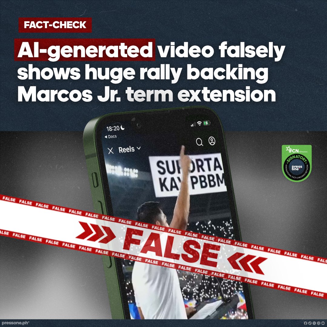PressOnePH's tweet photo. #FactCheck: An AI-generated video falsely showing a supposedly massive campaign calling for the extension of President Ferdinand Marcos Jr.’s term is circulating on Facebook, where many commenters appeared to believe the footage was real and did not recognize it as AI-generated. #PressOnePH