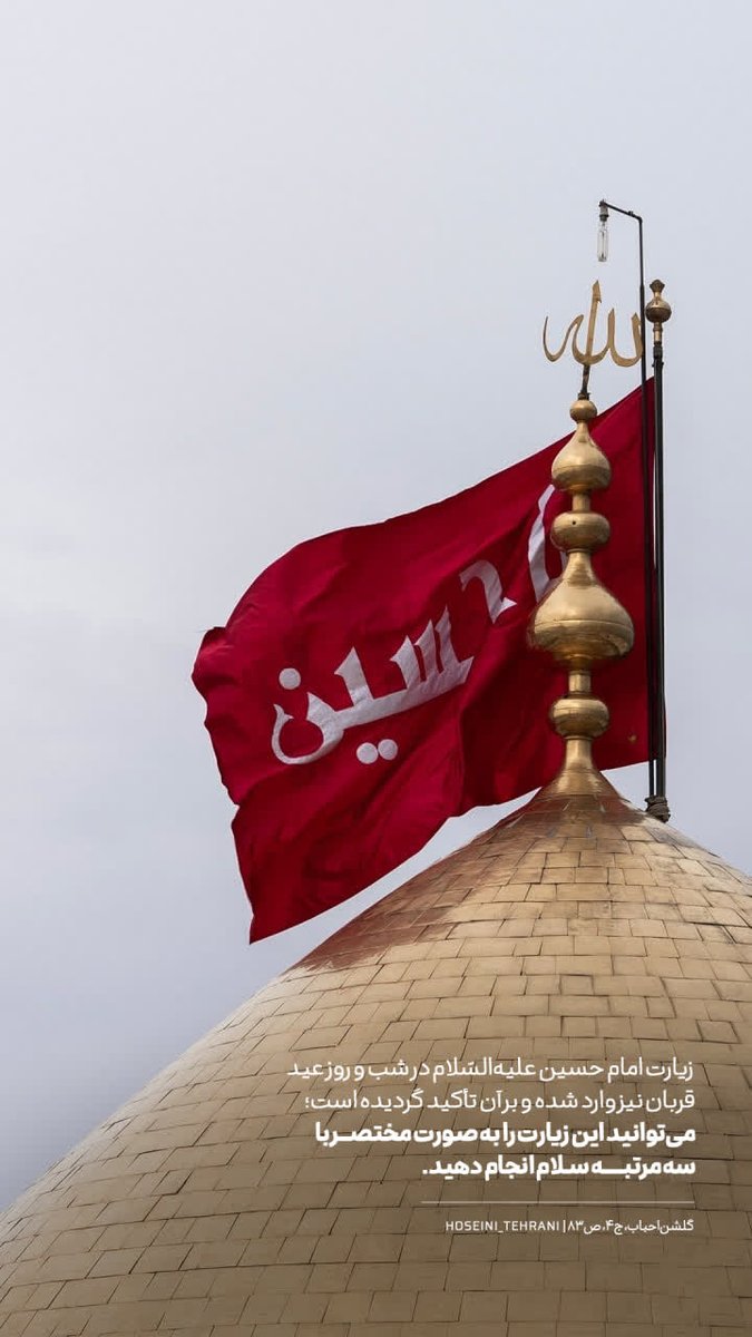 hoseini_tehrani's tweet photo. زيارت امام حسين عليه‌السّلام در شب و روز عيد قربان نيز وارد شده و بر آن تأكيد گرديده است؛ 
مى‌توانيد اين زيارت را به صورت مختصر با سه مرتبه سلام انجام دهيد. 
و مى‌توانيد زيارت مخصوص امام حسين عليه‌السّلام در عيد قربان را بخوانيد. 
#عید_قربان #زیارت https://t.co/deiD61LjaS