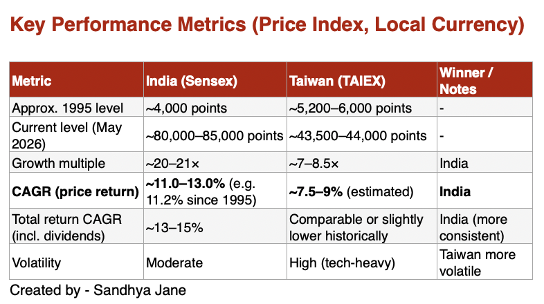 Sandhya_Jane's tweet photo. Since so much hue and cry is going on about Taiwan’s potential to become the fifth-largest stock market and potentially surpass India to the sixth position, I would like to analyze the growth trends of the stock markets in India and Taiwan. 

Over the past 30+ years, both markets have grown significantly, but India’s BSE Sensex has delivered stronger, more consistent compounded returns in local currency, while Taiwan’s TAIEX (Taiwan Weighted Index) has been more volatile — with explosive tech-driven gains in recent years (especially 2024–2026) but lower long-term CAGR overall. 

India: Multiple analyses confirm ~11.2% CAGR since 1995 and ~13% for the 30-year period 1995–2025. 
(source: https://t.co/tNHegvyub1 and https://t.co/JtKLQrEK9p)

Taiwan: Historical context + current levels (TAIEX ~43,500+ in 2026) imply lower long-term price CAGR; recent total-return data shows strong short-term performance (e.g., 5-year annualized ~20–25% in some periods). 
(source: https://t.co/7dvhYcMtVW)

Important Context & NuancesIndia’s edge in consistency: Post-1991 liberalization, Sensex benefited from broad-based economic growth, domestic consumption, banking/financials, and IT/services boom. Returns have been steadier with fewer extreme crashes.

Taiwan’s tech concentration: Heavily driven by semiconductors (TSMC alone has dominated recent gains). Major booms (dot-com, AI) and busts (Asian Financial Crisis 1997, 2000–02, 2008). Long-term CAGR dragged by volatility, but recent outperformance is dramatic — TAIEX surged over 50% YTD in early 2026 on AI demand. 

#stockmarketindia #stockmarketnews #taiwanstockmarket #stockmarketcomparisionbetweenindiataiwan #sandhyajane #sandhyajanebooks #stockmarketgrowth #cagr
