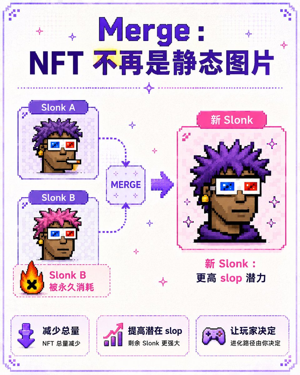 SandyNan23's tweet photo. 然后才有了 Merge（合并）。

两个 Slonks 合并，其中一个永久销毁，另一个变成新的合成版本。

乍看起来这是纯 NFT 玩法，但本质上，它做了三件事：

1. 减少 NFT 总量；

2. 提高剩余 NFT 的 slop 值；

3. 让收藏者自己决定系统怎么进化。

🧮 有的人追求最高 slop count。

🎀 有的人追求好看。

📰 有的人追求“销毁最多 Slonks（高 Merge level）”的记录。

所以合并不是简单的销毁，它把 NFT 从静态图片，变成一个可进化资产。