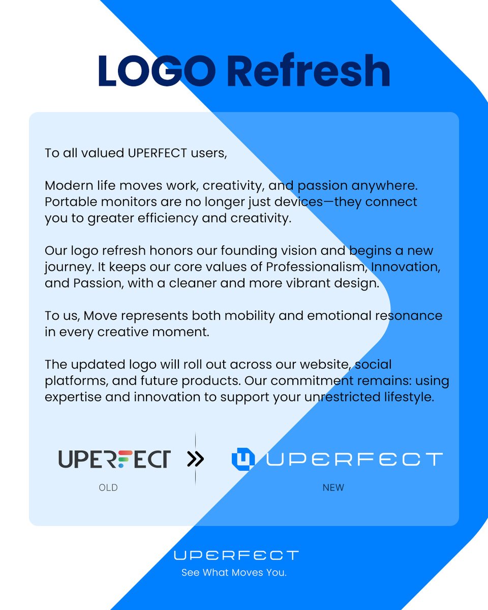 UPERFECTGlobal's tweet photo. UPERFECT has a new look. 
Same vision, renewed freedom. Our refreshed identity reflects what we’ve always believed in: portability, flexibility, and the freedom to create anywhere.
From setup to movement. The way we work keeps evolving.
Move forward with UPERFECT.
#uperfect https://t.co/EXrDhOzhCS