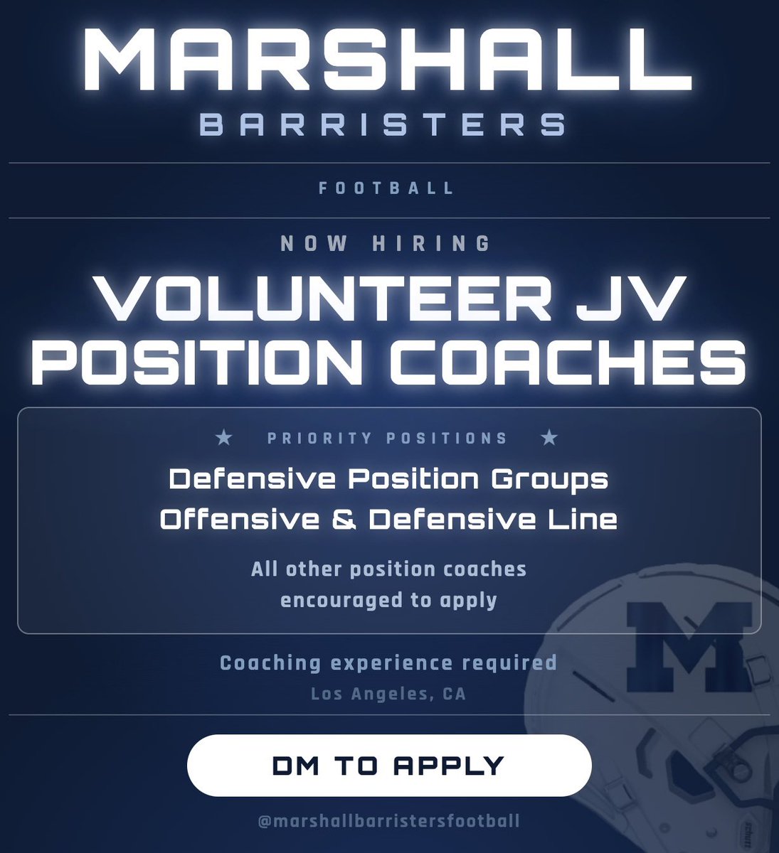 BarristersFB's tweet photo. 🚨 Marshall Barristers Football is hiring Volunteer JV Position Coaches. 

Priority openings:
🏈 Defensive Position Groups
🏈 OL/DL
🏈 Defensive Coordinator position also open for discussion

📍 Los Angeles, CA 
📩 DM to apply or email your resume jmhsbarristersfootball@gmail.com https://t.co/YZ4d2O8uza