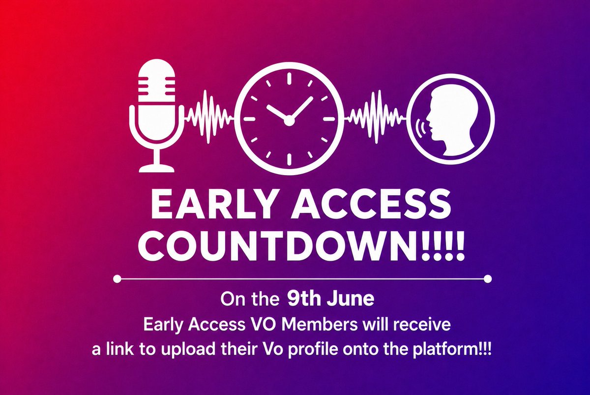 VoiceMatchuk's tweet photo. EARLY ACCESS VO COUNTDOWN!!!!!

Its nearly time to upload your VO profiles onto the VoiceMatch Platform. 

On the 9th June all Early Access VO Members will receive a link to create their account and upload their VO profiles onto the new platform.

#VoiceMatch #VoiceMatchUK https://t.co/O63wpHFW9q