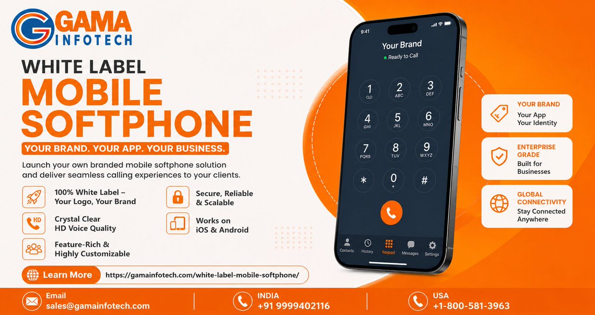 InfotechGama's tweet photo. Launch your own branded calling app with GAMA Infotech White Label Mobile Softphone

- White Label
- HD Voice
- Android &amp; iOS
- Secure &amp; Scalable

Email- sales@gamainfotech.com
Whatsapp: +91 9999402116
USA: +1-800-581-3963
#WhiteLabel #VoIP #Softphone #Telecom #mobilesoftphone https://t.co/NkIQtLw4dS