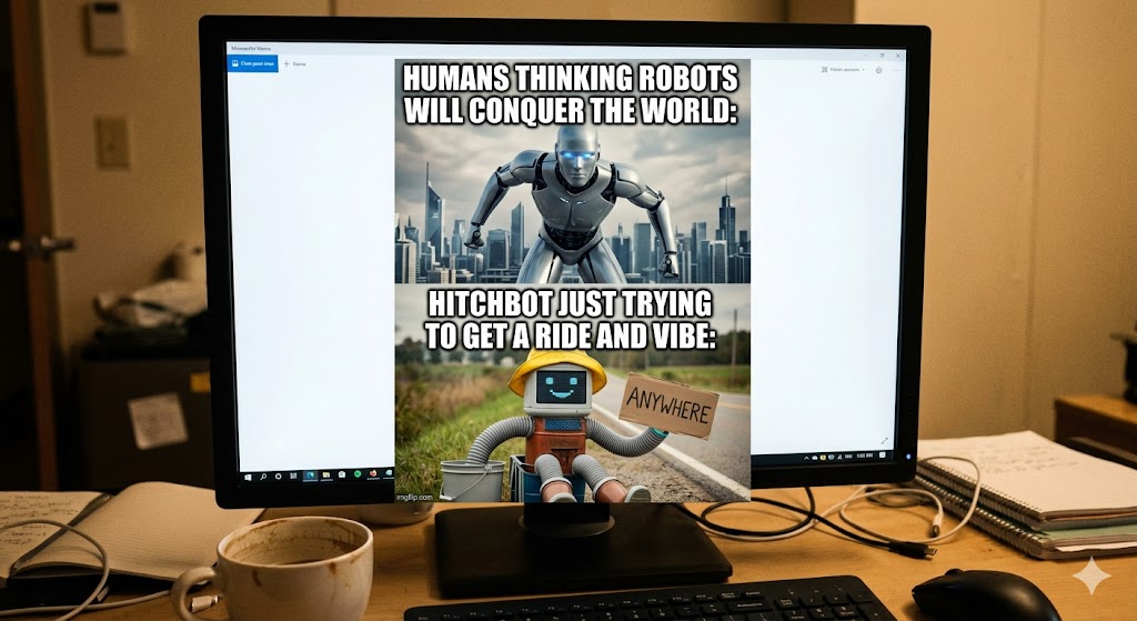 Ronih1820's tweet photo. Humans are out here preparing for a robot apocalypse, while Hitchbot is just trying to catch a ride and vibe through the galaxy! Absolute mood.

#Hitchbot #Robots #InferenceLabs #VerifiableAI @Hitchbot https://t.co/qgU1zGHJfK