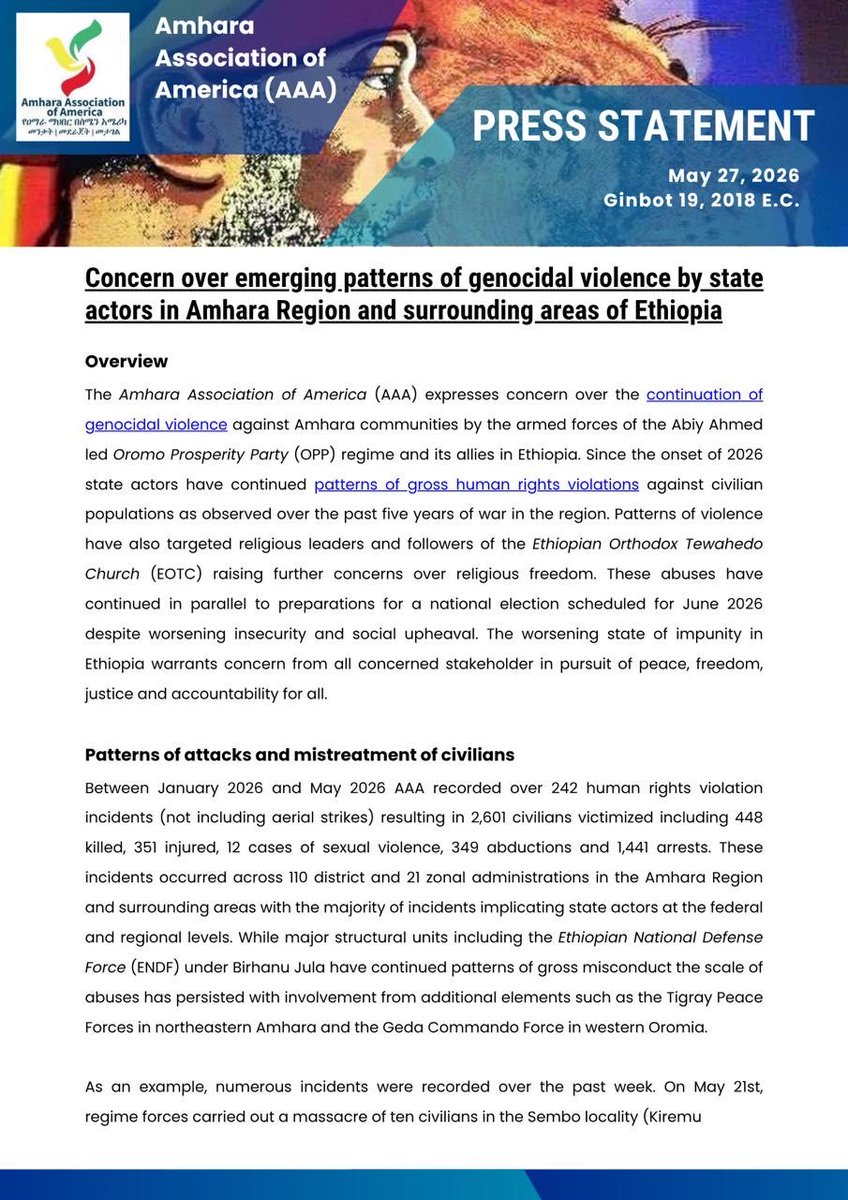 AAA_Amhara's tweet photo. ⚡️ℹ️ #STATEMENT: Concern over emerging patterns of genocidal violence by state actors in Amhara Region and surrounding areas of Ethiopia

📅 May 27, 2026 (Ginbot 19, 2018 EC) https://t.co/Kpk887BpUY